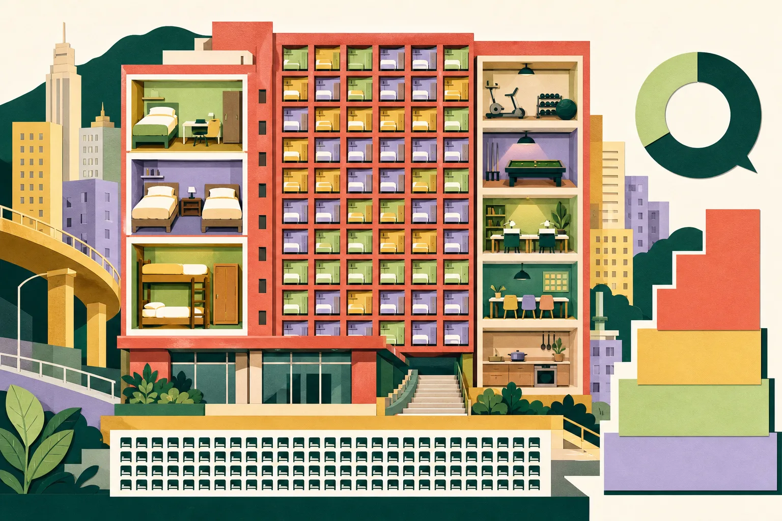 A cut-paper illustration of a simplified converted urban hotel building used as a student residence, with modular room layouts, shared facilities, a capacity grid and a stepped annual rental range.