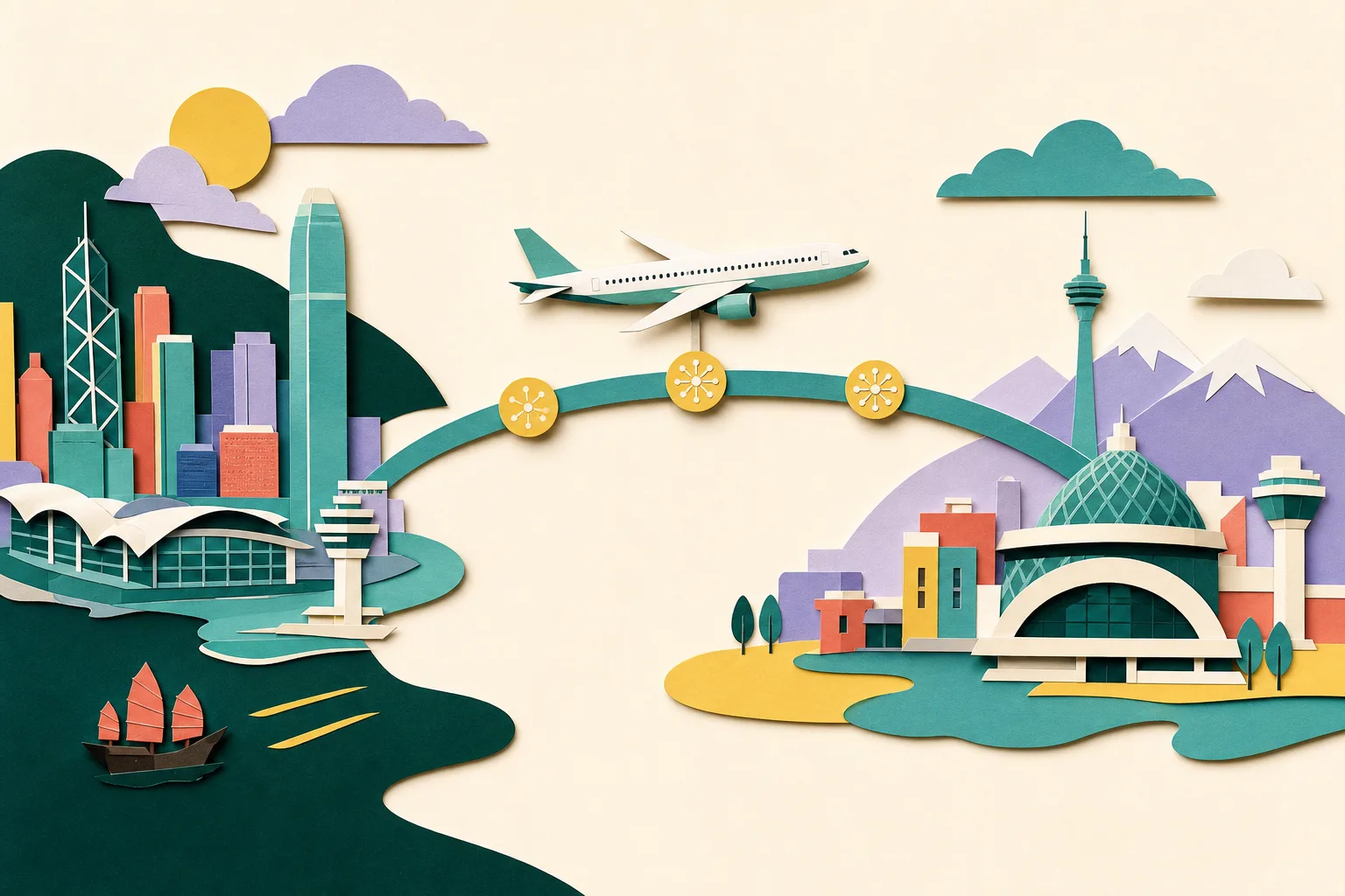 A cut-paper style diagram shows two simplified city gateways connected by a direct curved flight route, with a small wide-body aircraft, three service markers and a date tab for 9 January 2027.