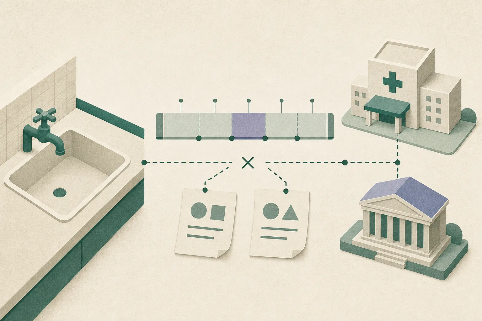 An abstract top-down diagram shows a closed tap beside an empty basin, a segmented time strip, and separate hospital and court blocks linked by a broken line.