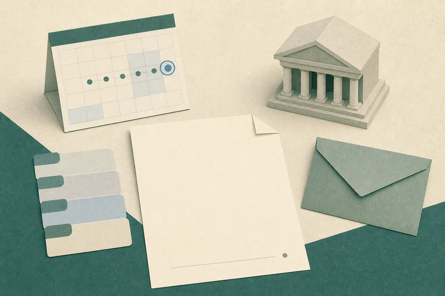 Top-down editorial illustration of an unoccupied desk with a blank employment document, neutral paper tabs, a lightly marked calendar, a closed envelope and a small abstract courthouse form arranged with generous space.