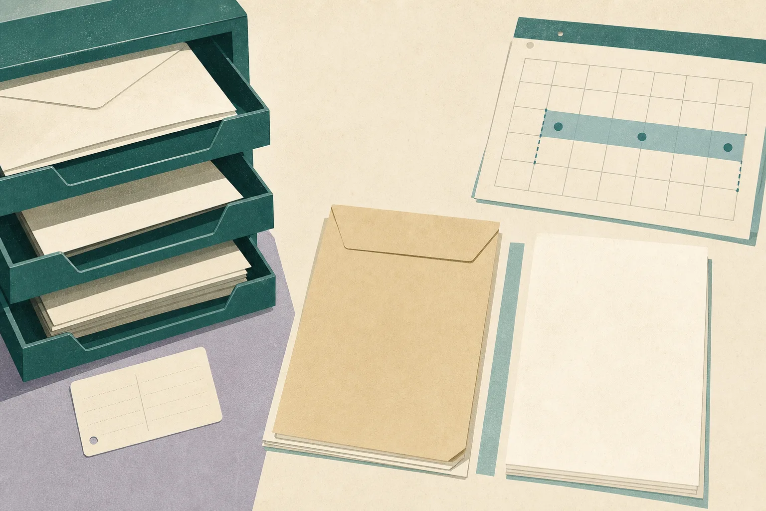 A close-up cut-paper still life shows a postal sorting tray beside two separated document stacks, an official-looking contract envelope, and a calendar marked September 2026 with a two-year interval. A blank service-hours card rests at the edge, with ample neutral space around the objects.