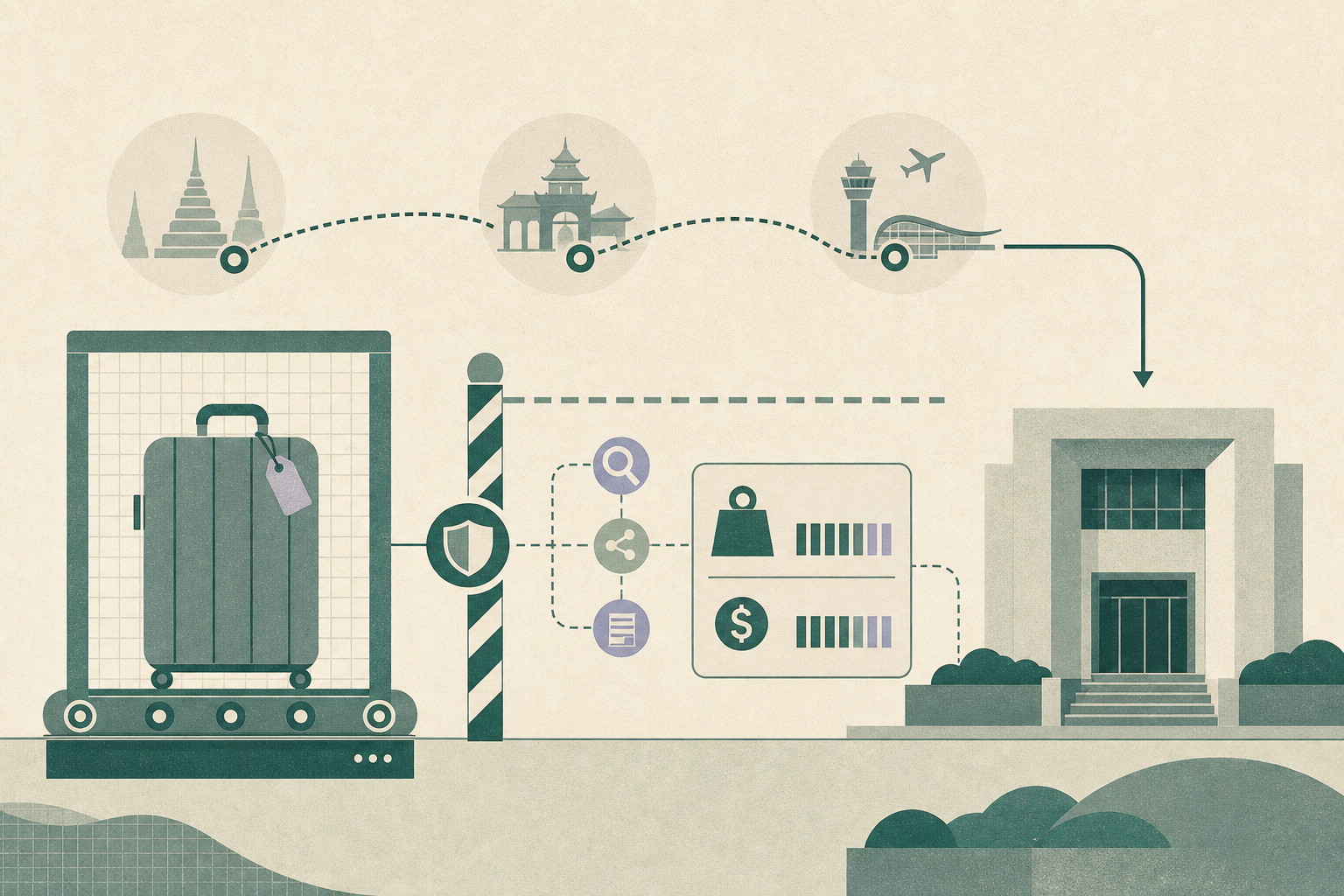 A flat graphic shows a simplified checked suitcase behind a customs inspection grid, route lines connecting Bangkok, Hanoi and Hong Kong airport, and a geometric courthouse at the far end, with small abstract measurement bars.