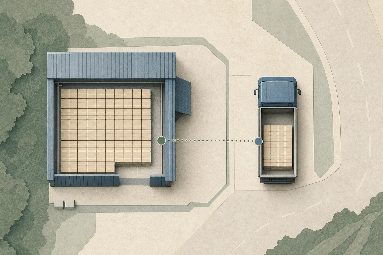 A top-down cut-paper diagram shows a metal-sheet structure and a parked medium-sized truck in a sparse industrial lot, with separate groups of unbranded carton blocks inside each location and quiet boundary markers between them.