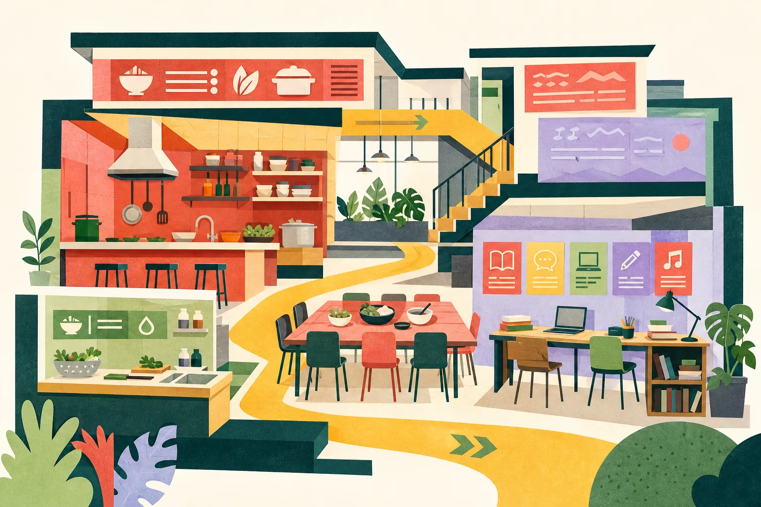 Flat cut-paper illustration of an open community facility interior with connected cooking, dining and learning zones, a separate food-preparation counter, desks and books, and abstract multilingual sign panels.
