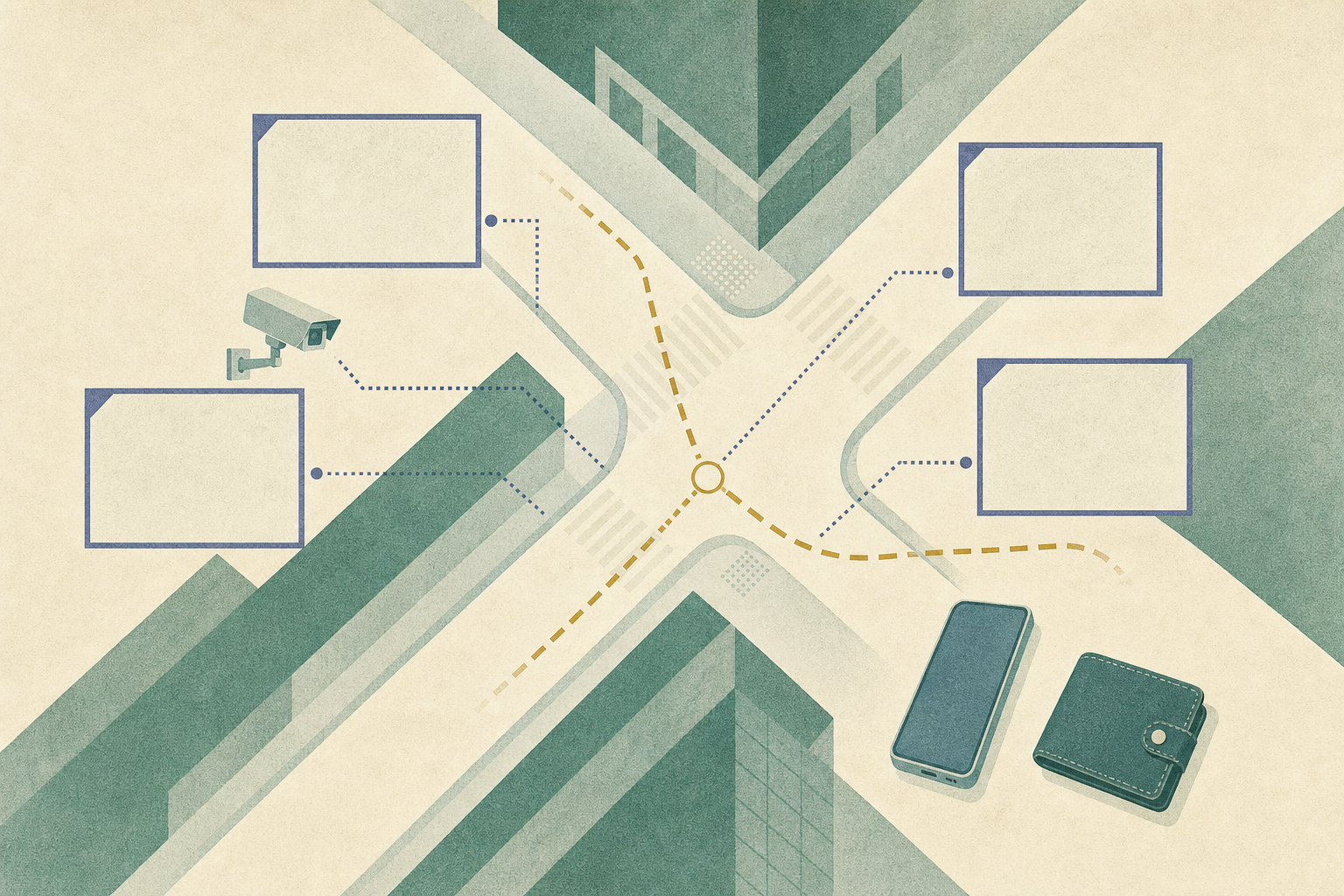 A people-free top-down diagram of a Central street junction with a CCTV camera, blank surveillance frames, an interrupted route line, and a phone and wallet set apart at the edge.