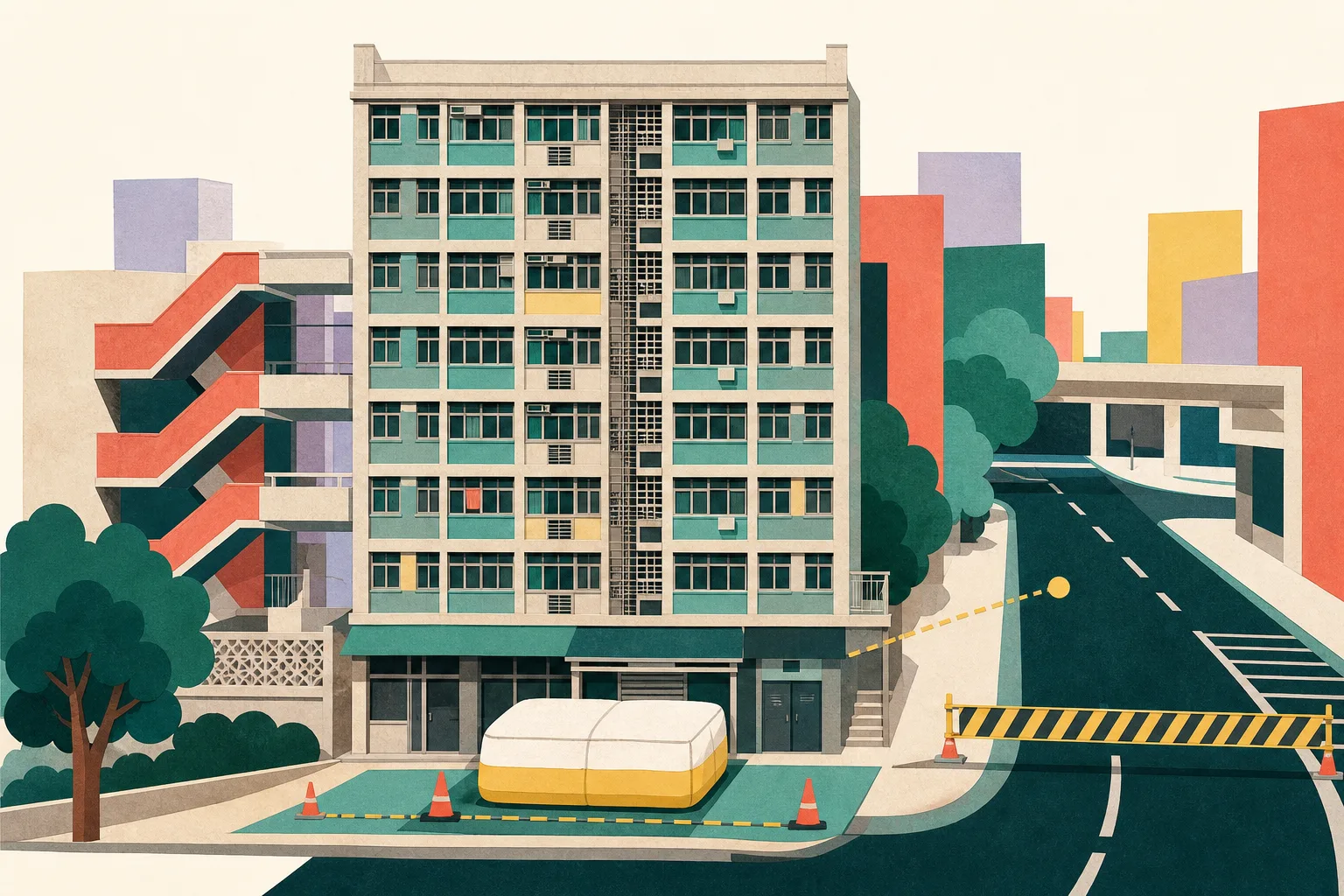 Cut-paper style elevation of an eight-storey tenement building with an empty rooftop parapet, a small air cushion at ground level, and a nearby road section marked closed by a simple barrier; no people are shown.