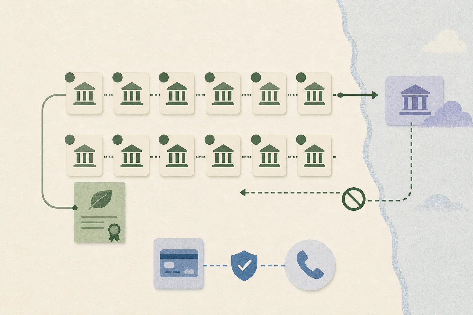 Top-down editorial diagram showing twelve transfer tiles moving across an international account boundary toward a distant overseas bank box, with an interrupted return path, a green-bond document symbol and a separate bank-verification checkpoint.