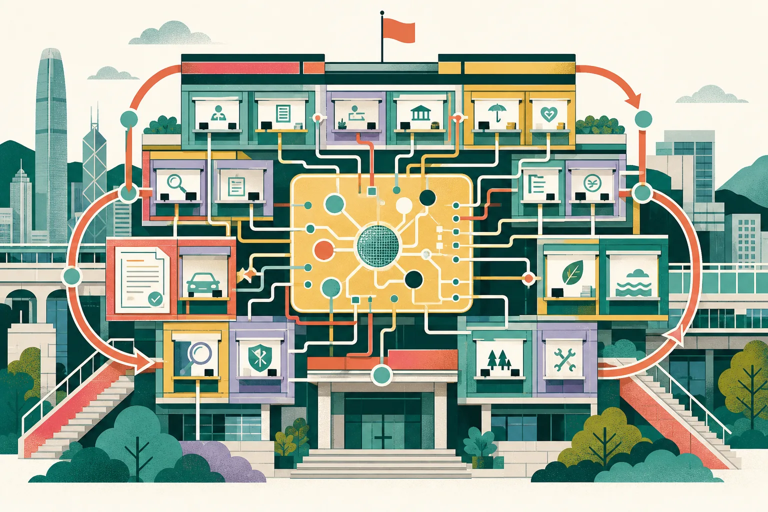 Flat cut-paper illustration of a simplified civic-services building with modular windows, thirty small project tiles, an abstract AI processing panel, and a looping oversight pathway connecting the system back to licence, inspection and environmental service modules.