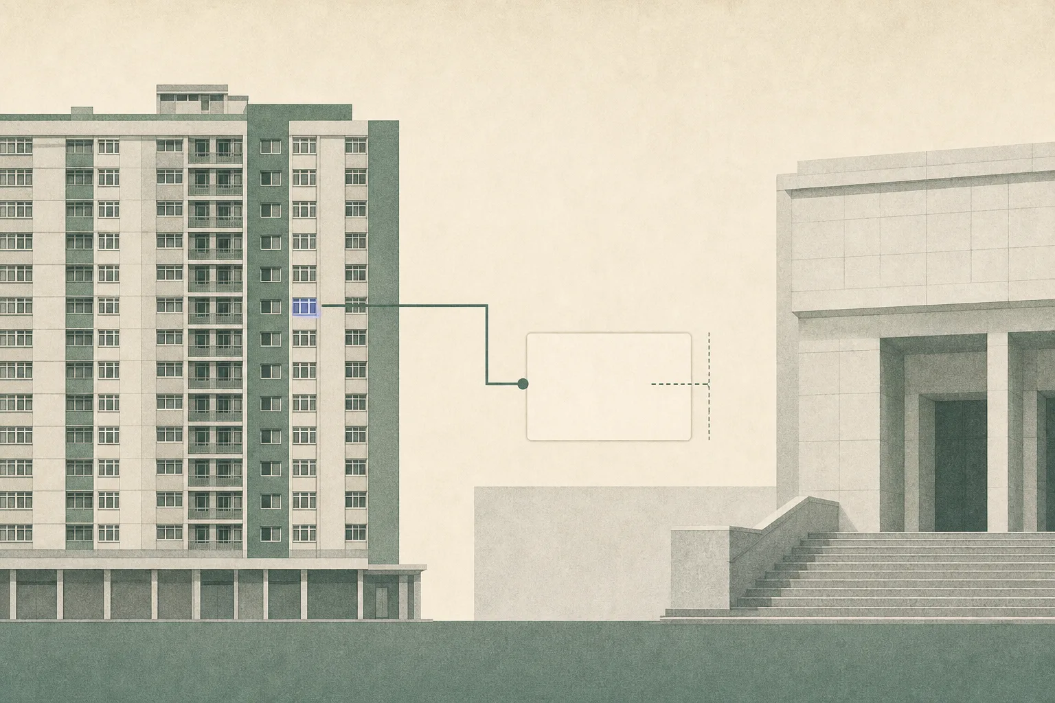 A low-chroma cut-paper illustration of a residential tower facade beside a simplified magistrates’ court, connected by a thin line that stops before a blank docket panel.