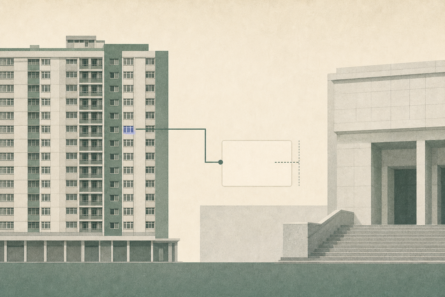 A low-chroma cut-paper illustration of a residential tower facade beside a simplified magistrates’ court, connected by a thin line that stops before a blank docket panel.