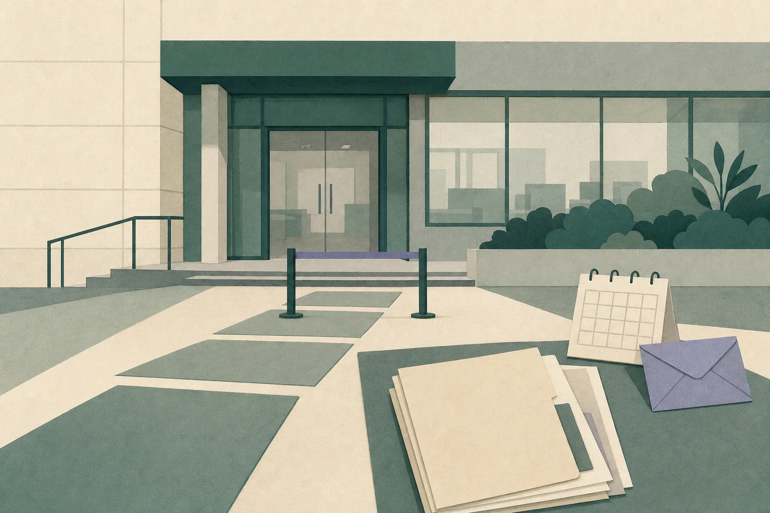 A cut-paper illustration of an empty office doorway, a segmented path paused at the threshold, and a neutral document folder with a small calendar grid.