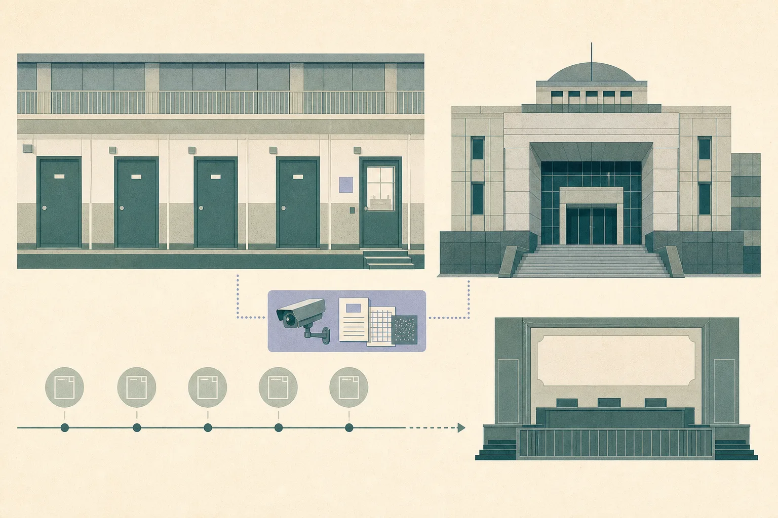A cut-paper architectural collage shows a quiet institutional corridor with closed doors beside a separate Hong Kong High Court facade. Detached CCTV and evidence symbols connect to five unresolved case markers and a blank verdict panel; no people are shown.