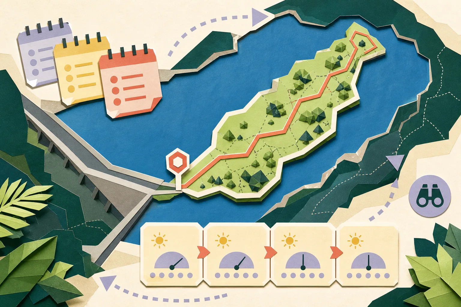 Top-down cut-paper illustration of a reservoir-side geopark trail, with one bounded section marked by a reservation point, adjacent blue water shapes, time-slot blocks and directional flow lines.