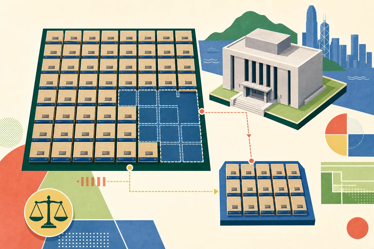 Top-down illustration of an orderly grid of closed laptop boxes with a missing section, a smaller recovered cluster, and a simplified courthouse block connected by thin diagram lines.