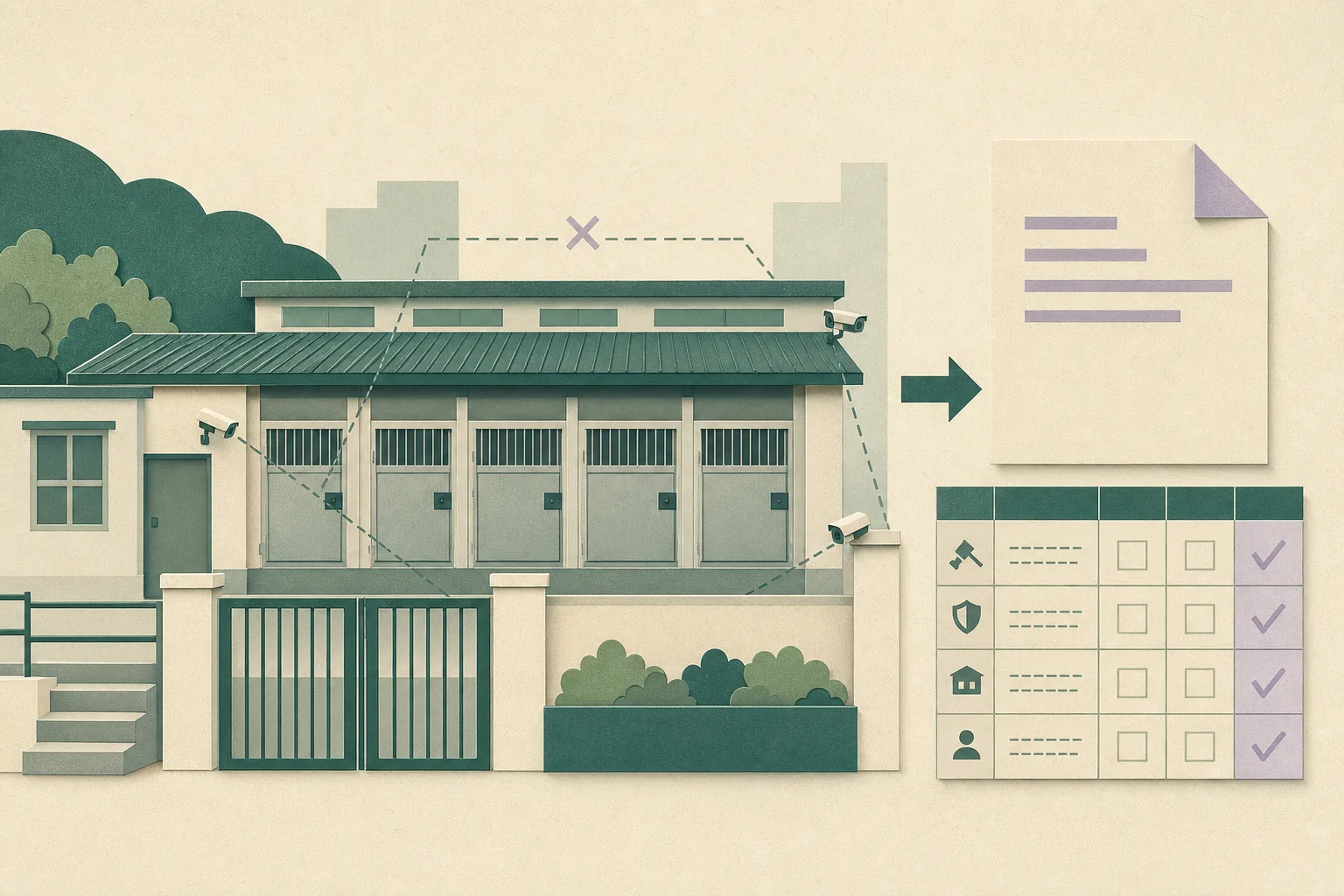 A flat cut-paper illustration of a generic kennel and boarding facility with segmented gates, discreet CCTV cameras and interrupted coverage lines, paired with a blank legislative review document and orderly policy grid in muted teal and neutral tones.
