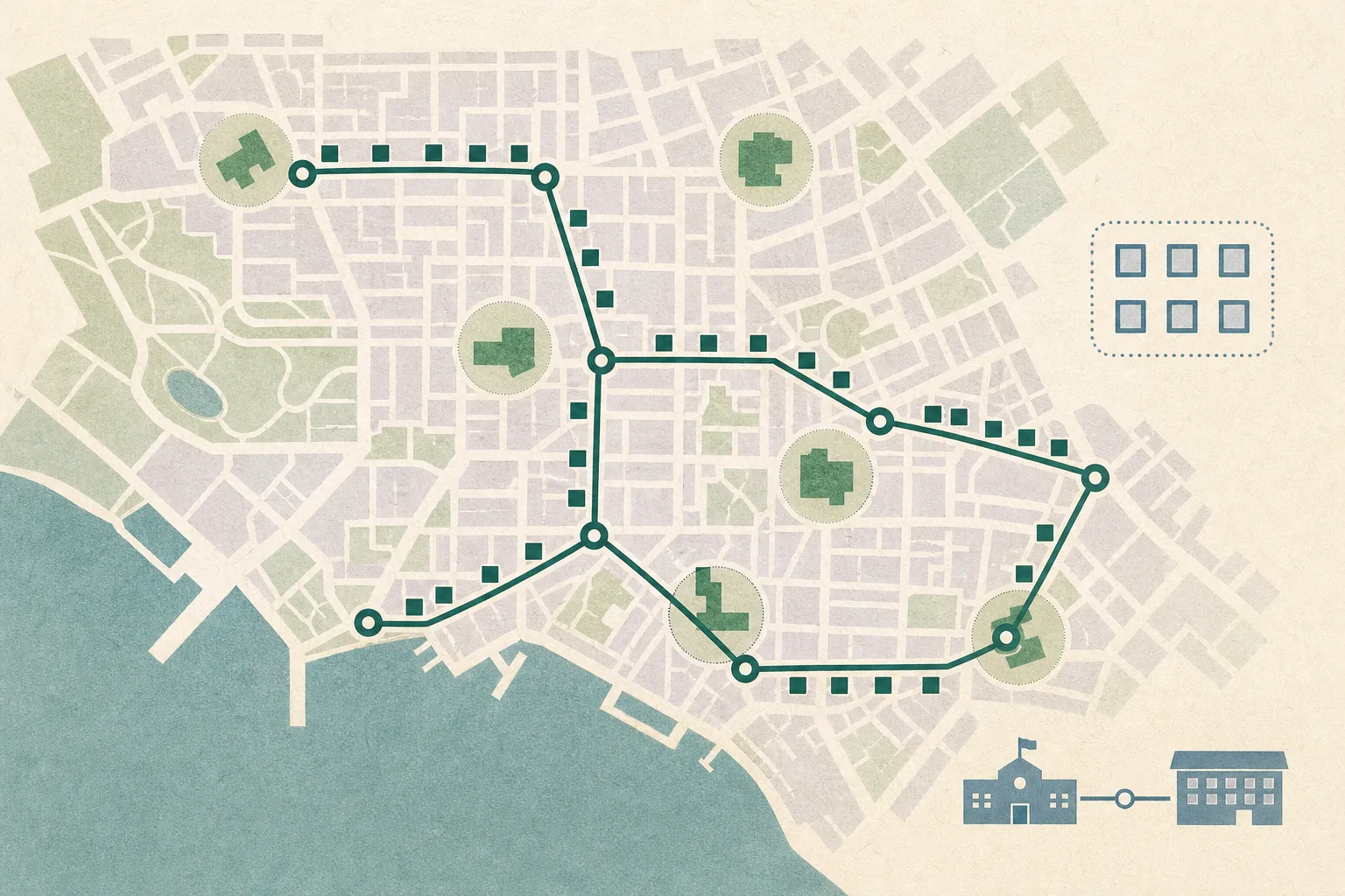 A quiet top-down diagram of a simplified Tuen Mun street grid with a seven-part patrol route, twenty-two neutral square markers, six separated outlined markers and a small school-community connection.