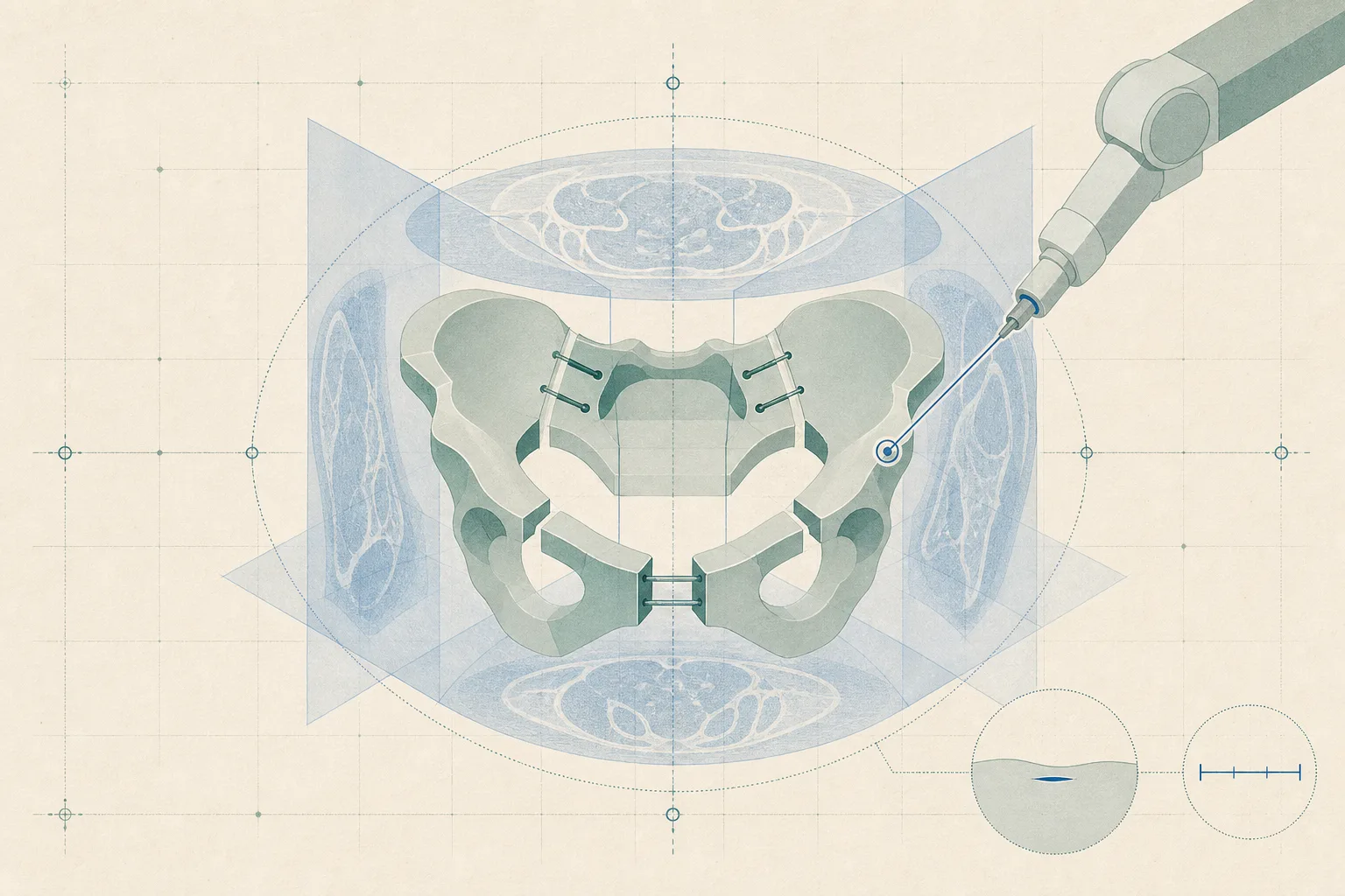 A body-free diagram of a simplified pelvic-ring structure aligned with translucent CT scan planes, a robotic arm path and precise navigation marks, with a small scale marker for minimally invasive access.