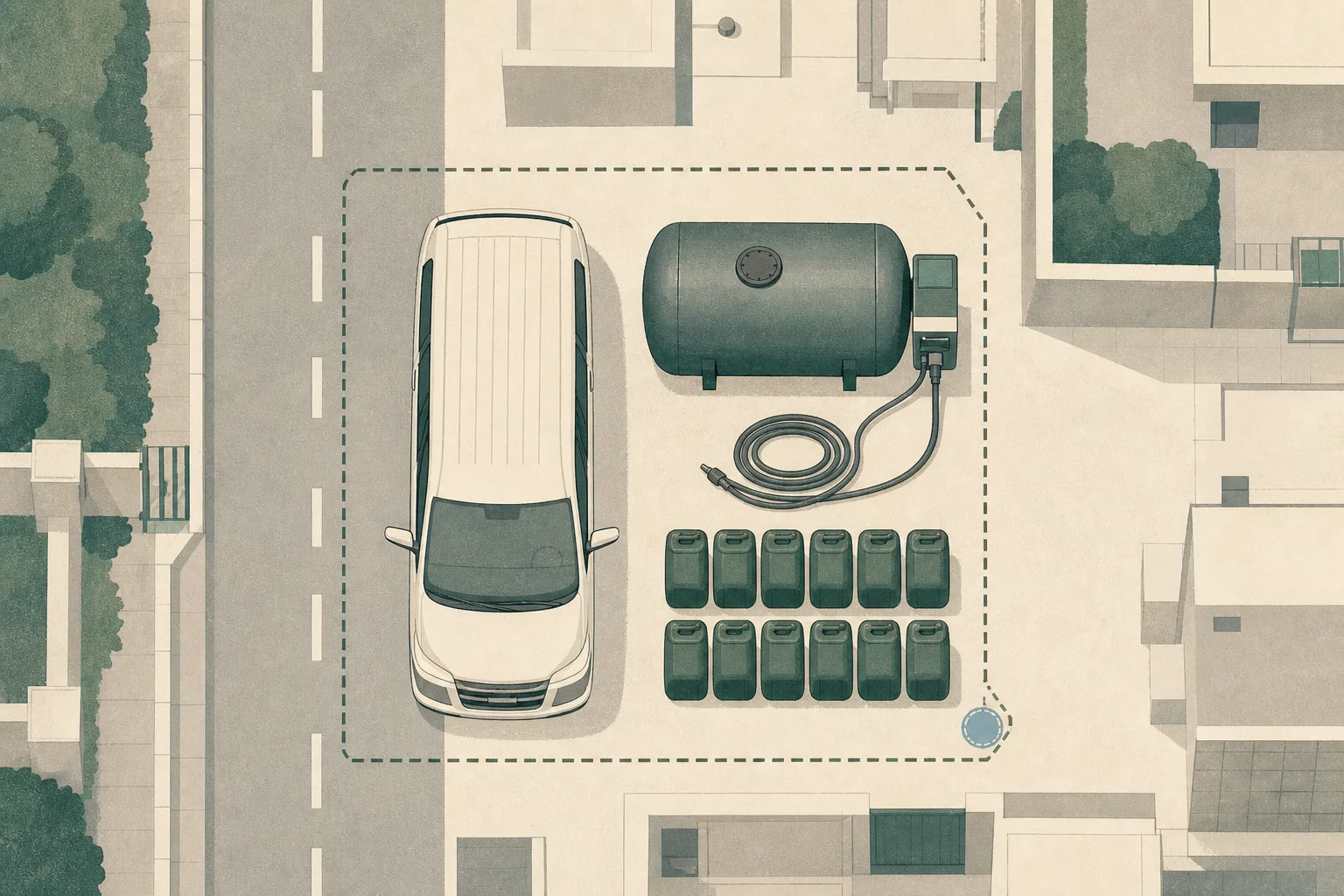 Top-down cut-paper illustration of a simplified seven-seater vehicle, petrol storage tank, filling equipment and grouped fuel containers arranged within a clean investigation boundary on a muted roadside grid.
