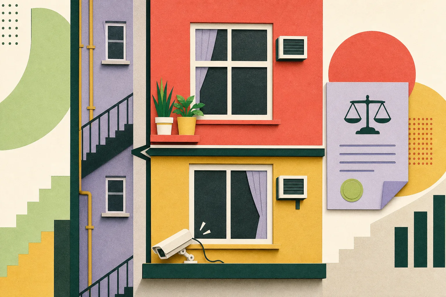 Flat cut-paper illustration of stacked Hong Kong residential ledges beside a narrow light well, with a tilted disconnected CCTV camera on the lower ledge, a strong boundary line between the spaces and a small abstract court document nearby.