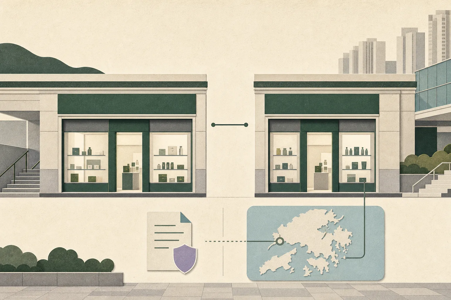 Flat cut-paper illustration of a simplified shopping-centre cosmetics storefront in Sha Tin, divided by a clean vertical boundary, with two separated business panels and a paused connector line beside a neutral inquiry document motif.