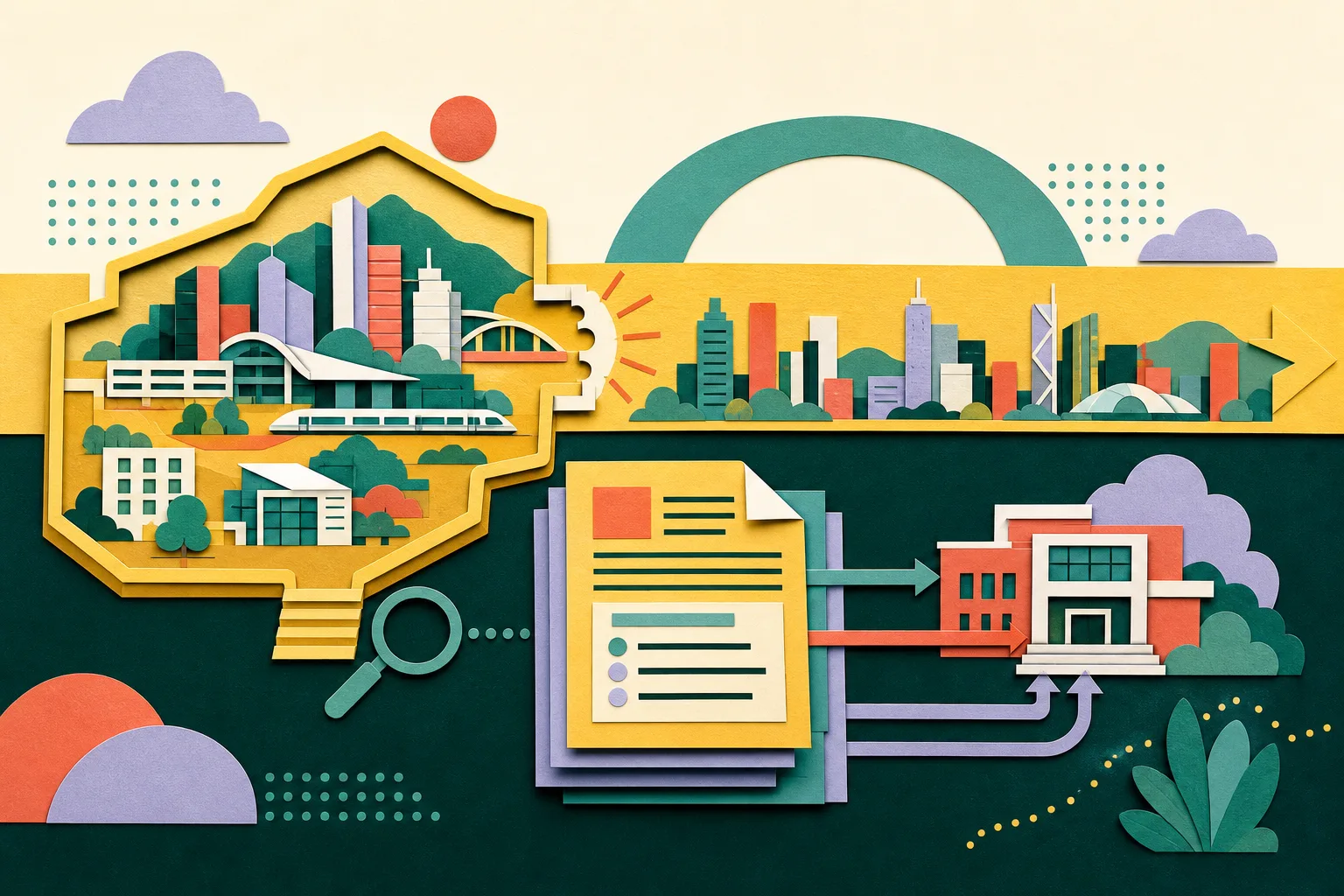 A cut-paper civic collage shows a bounded urban development block beside a wide band extending across the composition, layered with an abstract legislative document and connecting policy paths.