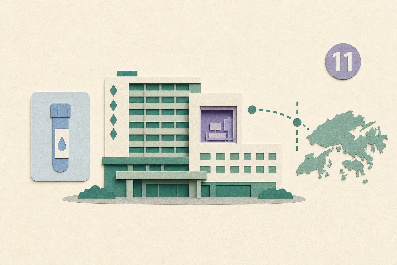 A restrained cut-paper diagram shows a simplified hospital facade with one recessed intensive-care window, an abstract respiratory-test tile, a travel line ending at a Hong Kong boundary, and a small marker for 11 serious paediatric influenza cases.