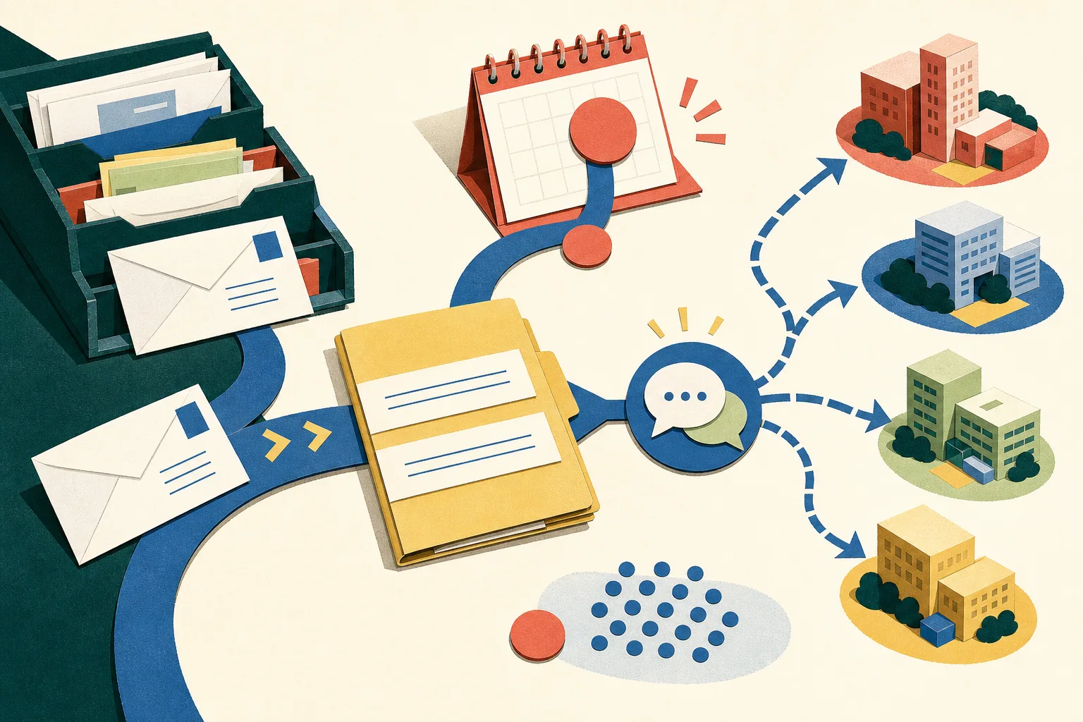 Top-down cut-paper illustration of a postal envelope, sorting tray and contract folder leading to a calendar tile marked 17 September. An open route branches toward abstract department blocks and a single support node, while a separate small group of markers indicates an unresolved wider count.