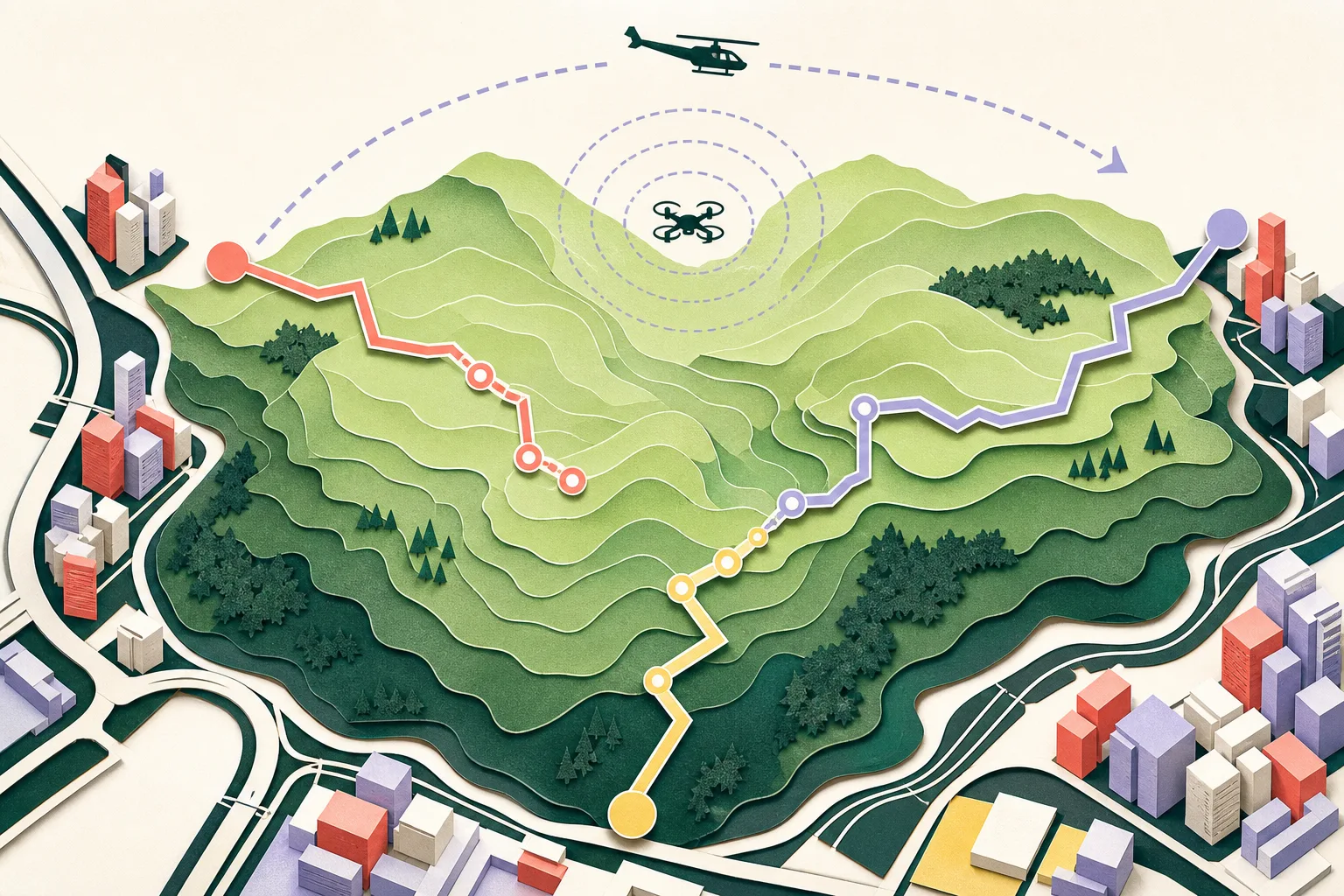 Top-down cut-paper illustration of layered green-blue hillside contours with three separate search routes, a thermal-drone marker, and a helicopter flight arc above nearby simplified urban edges; no person is shown.