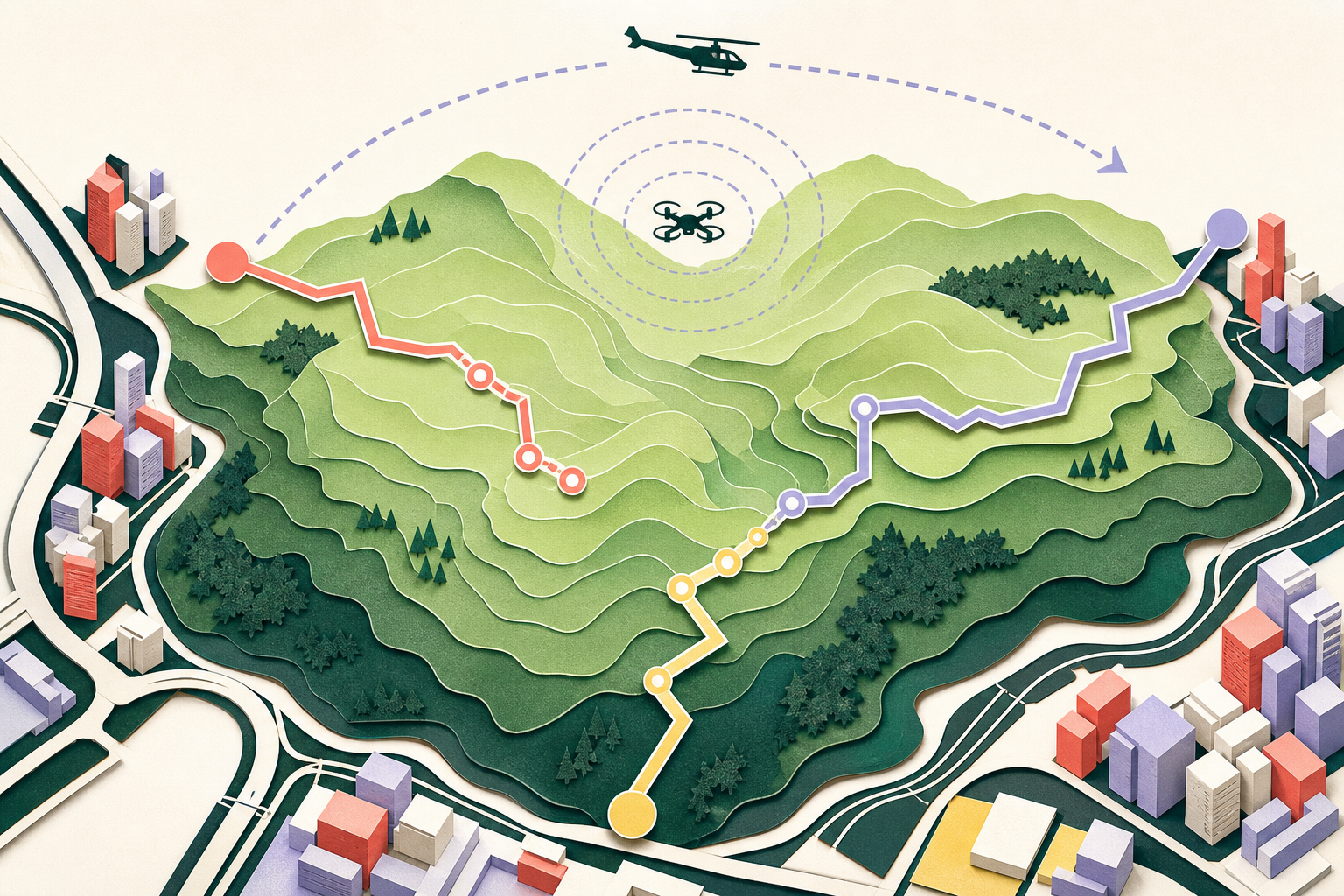 Top-down cut-paper illustration of layered green-blue hillside contours with three separate search routes, a thermal-drone marker, and a helicopter flight arc above nearby simplified urban edges; no person is shown.