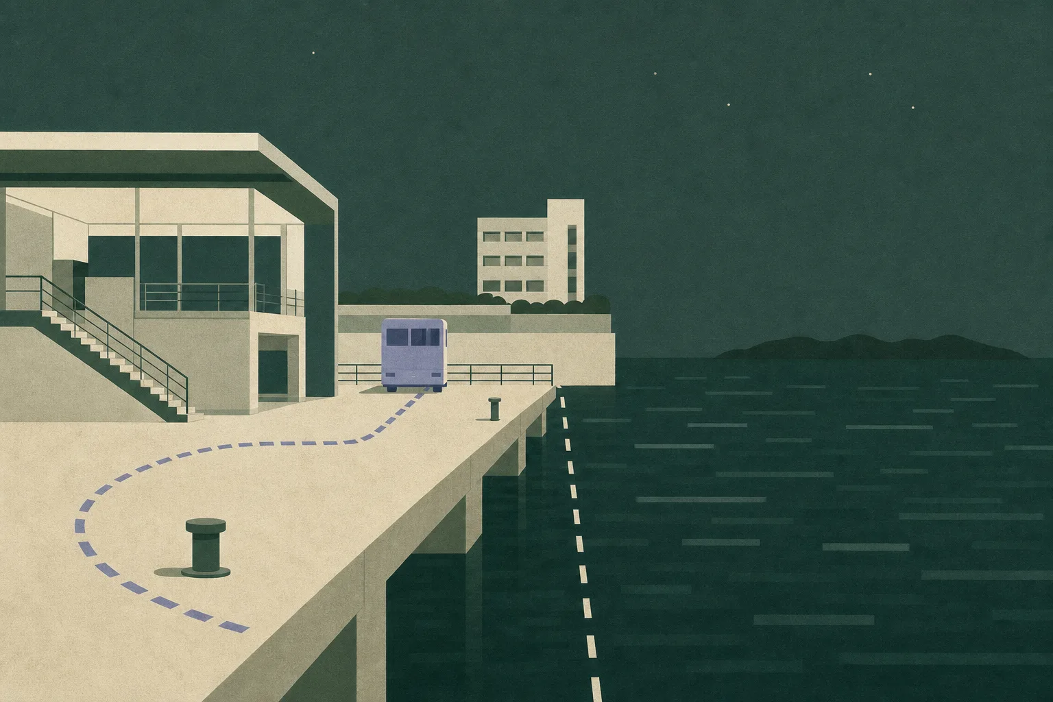 A flat architectural illustration of an unoccupied Sai Kung pier meeting dark blue water at night, with a thin boundary line and a restrained route marker toward a small hospital building.