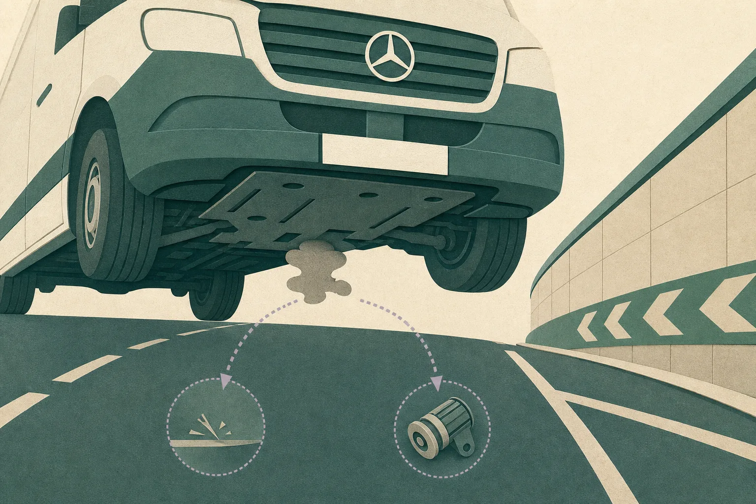 Cut-paper illustration of a Mercedes-Benz van travelling along a simplified tunnel road near Hong Sing Garden, seen from below with a small gray wisp beneath it and restrained branching investigation marks.