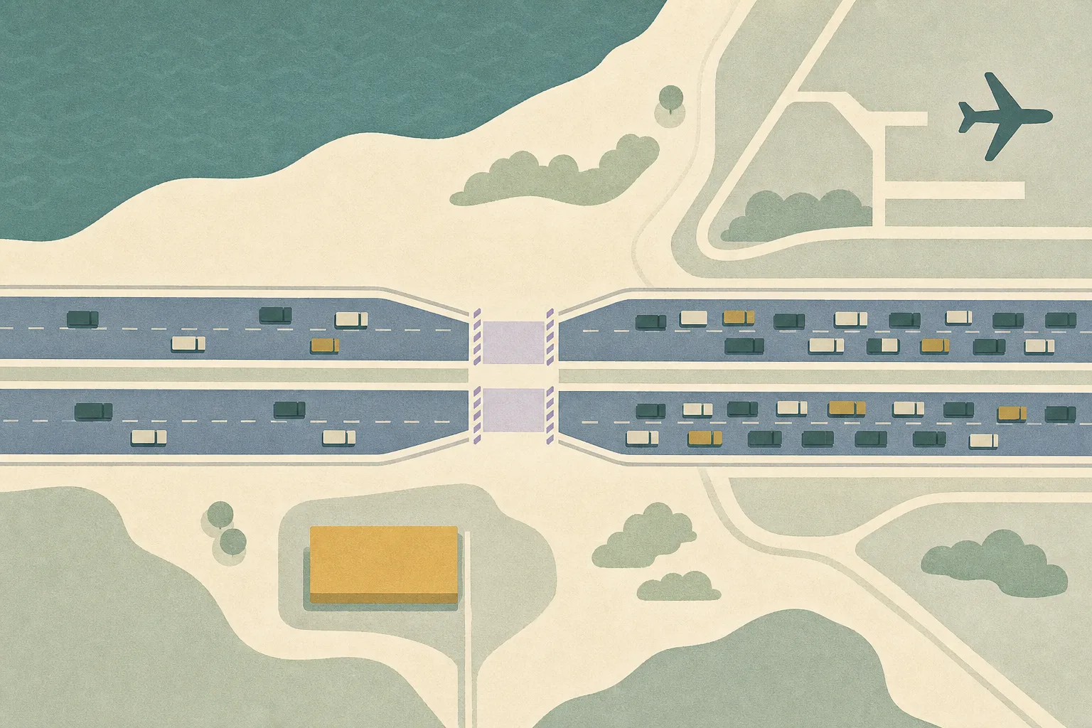 Top-down abstract highway diagram with parallel lanes, grouped car and taxi blocks, a temporary closure marker, and denser traffic approaching an airport-bound end.