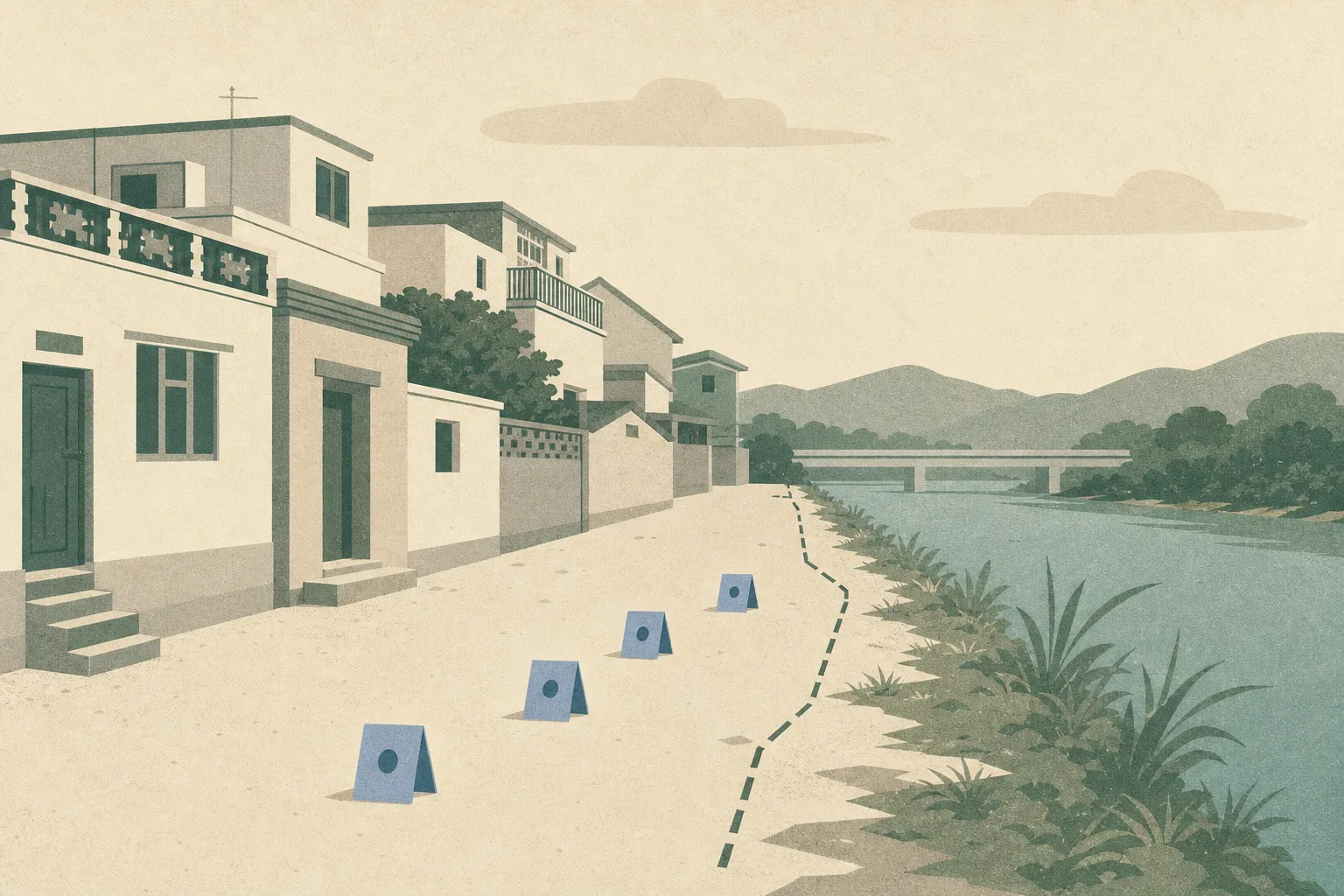 A flat cut-paper illustration of an empty village-edge path beside a wide river band, with simplified low buildings, an interrupted boundary line, four separated abstract markers and a small muted information-card shape.