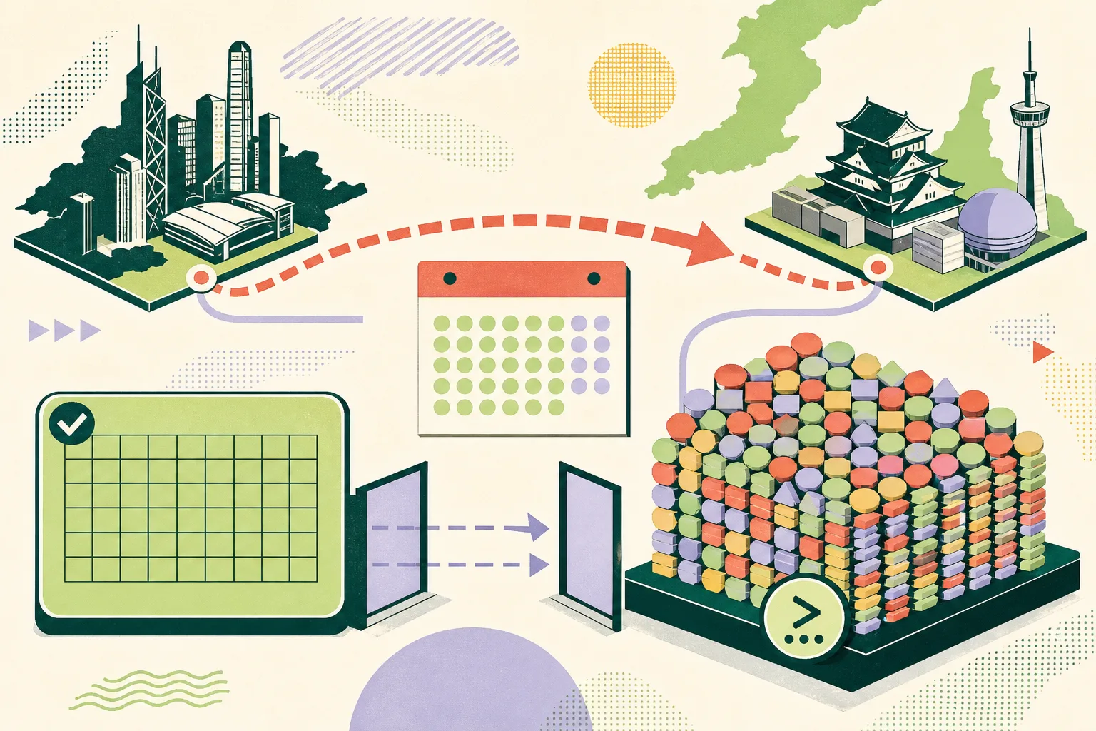 A cut-paper planning diagram links two simplified location blocks with a directional route, a September 19 calendar tile, a cluster of more-than-500 tokens, a fully filled support panel and an opened threshold gate.