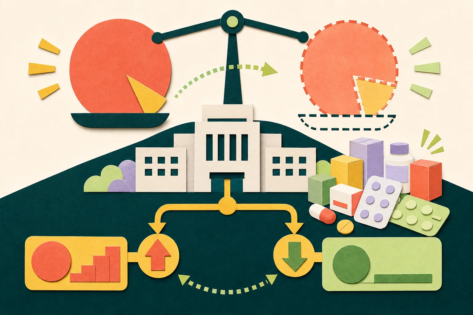 A cut-paper civic diagram shows a public-hospital block beside a solid 95% and 5% funding split, a dashed future 90% and 10% target, branching payment and exemption pathways, and a small group of generic medicine-pack shapes.