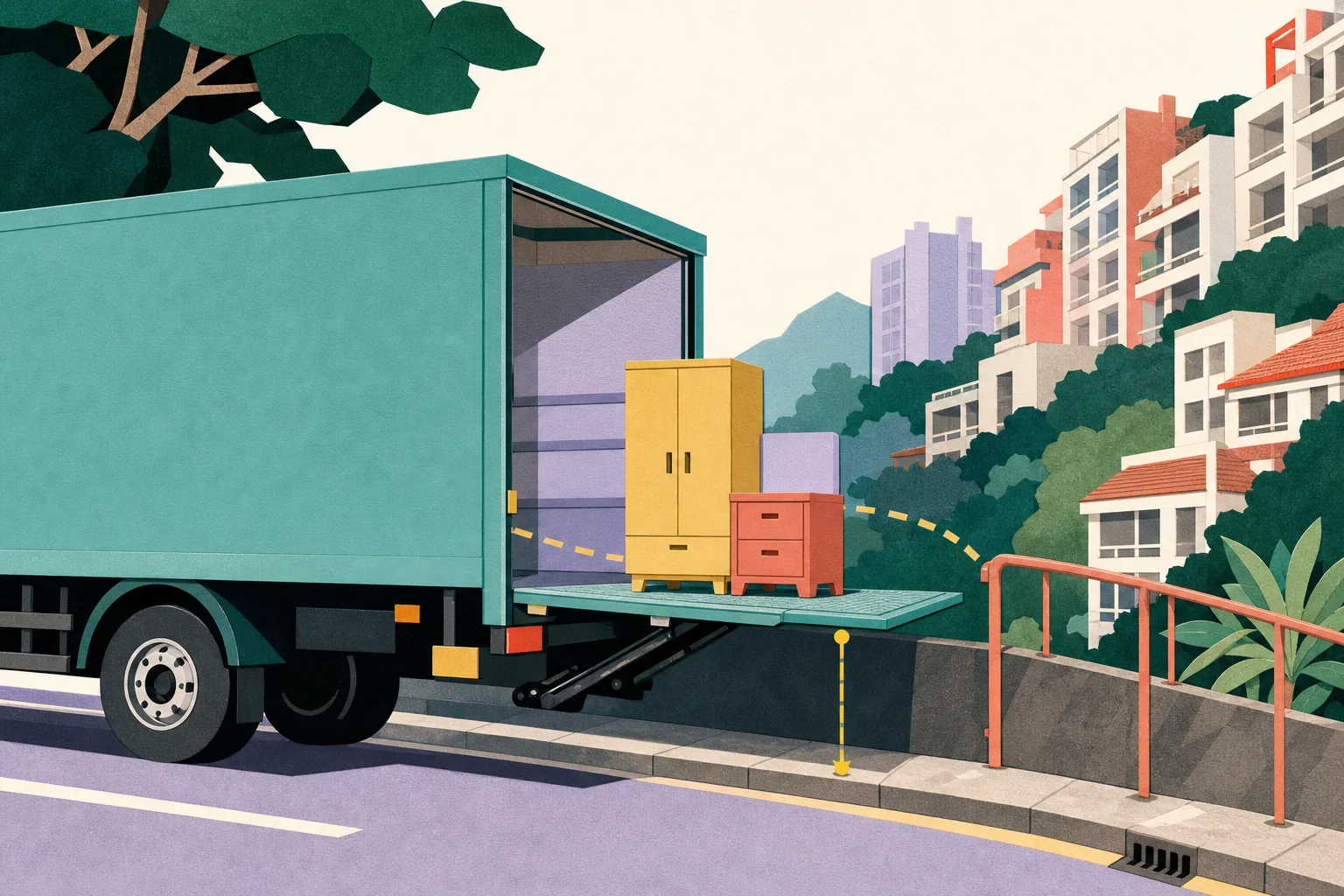 A cut-paper side-view diagram shows a roadside lorry with its tail lift lowered, furniture being unloaded, a residential hillside backdrop and a vertical marker indicating about 1.2 metres to the pavement.
