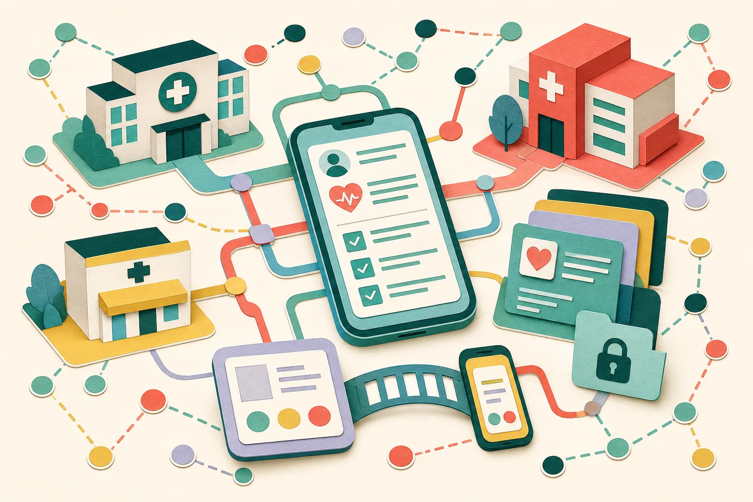 A cut-paper style top-down illustration of a smartphone with an abstract health-record interface, connected by geometric lines to simplified healthcare buildings, digital record cards and circular network nodes in teal, blue, coral and lime.
