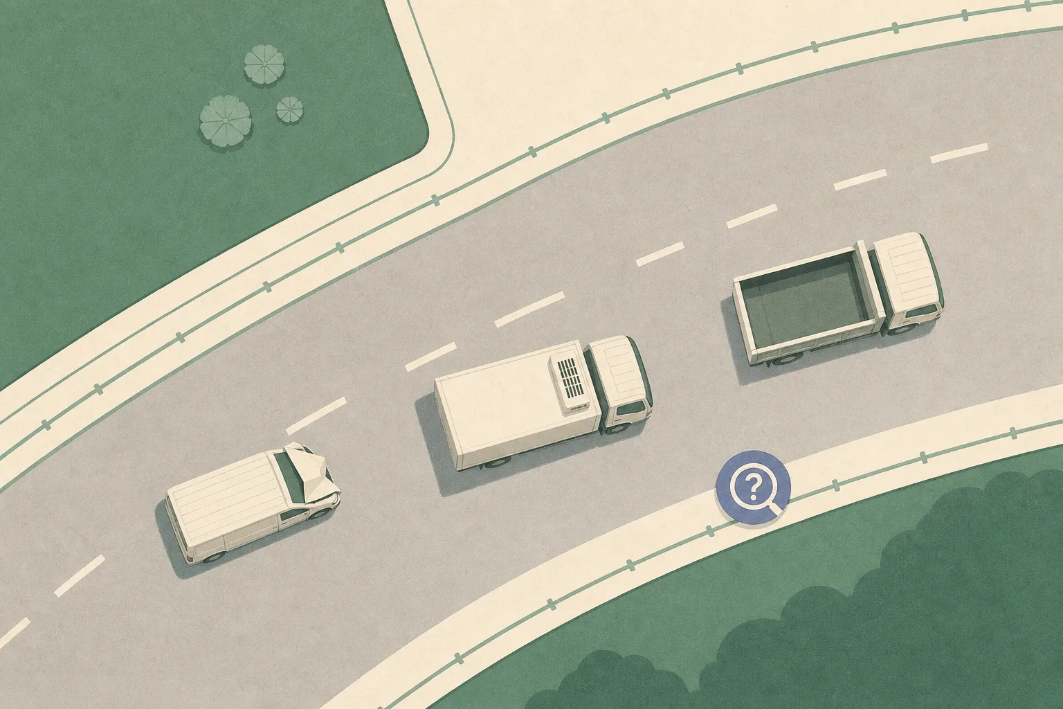Top-down cut-paper illustration of a road segment with three separated simplified vehicle shapes, one with a restrained geometric break at its front, interrupted lane markings and a small neutral investigation marker.