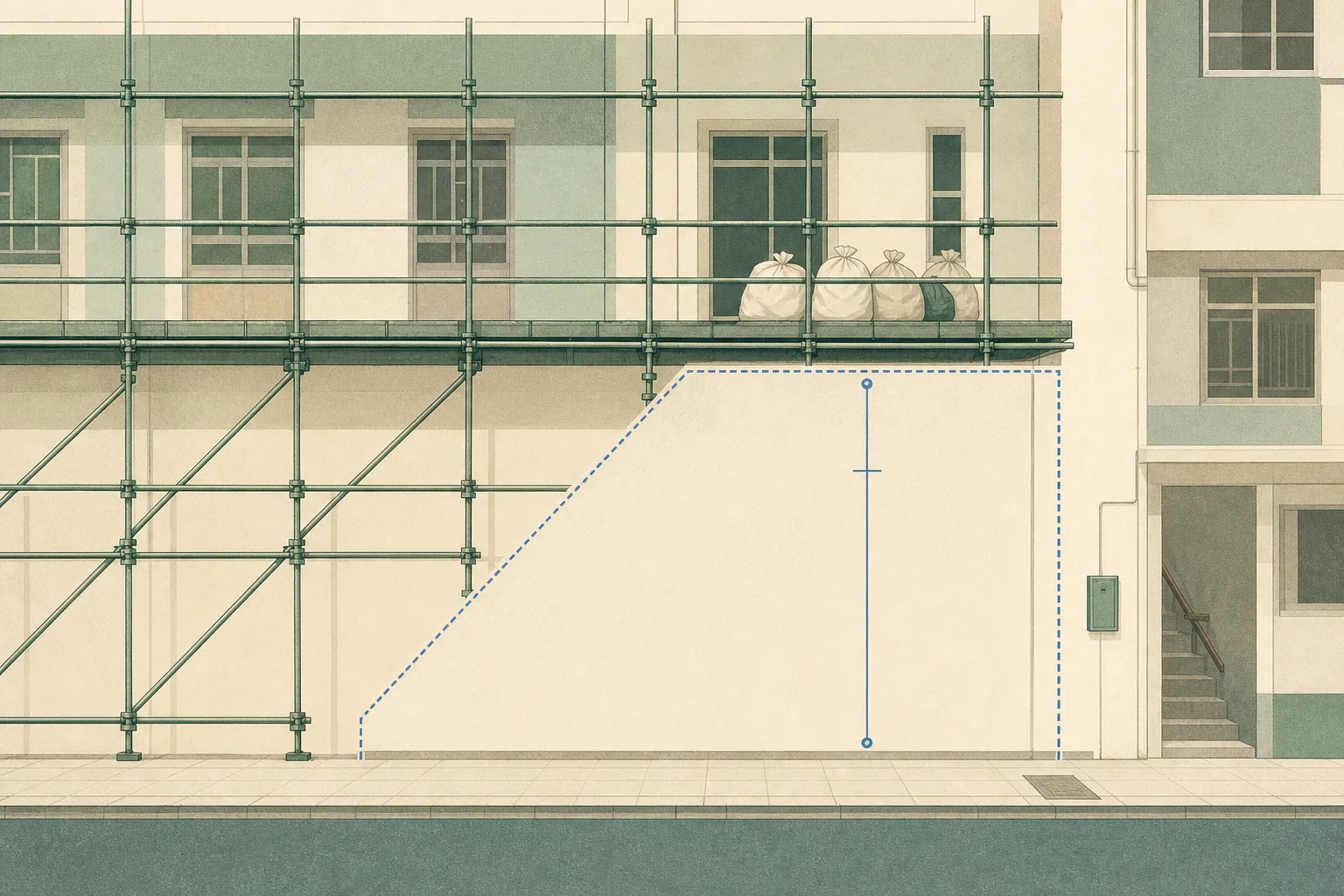 Flat cut-paper illustration of a renovated building façade with an interrupted lower scaffolding grid, a few construction-waste bags on a platform, a five-metre measurement line and a separated pedestrian path.
