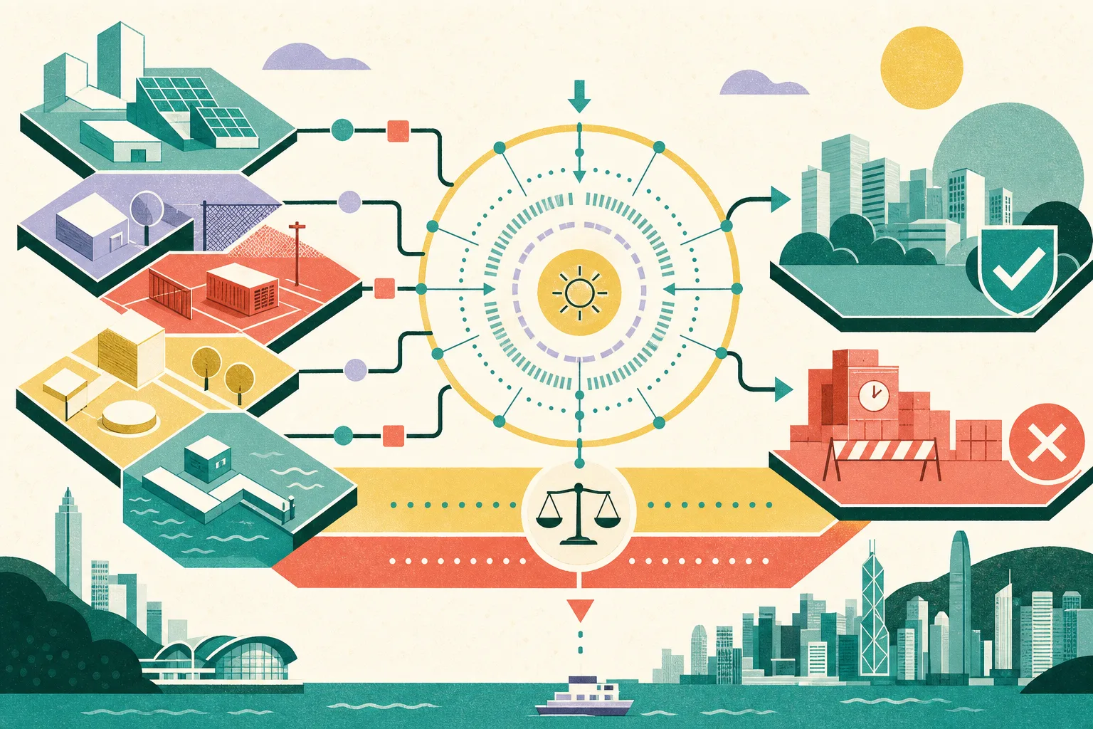 A cut-paper style abstract diagram shows several geometric work-environment zones connected to concentric monitoring rings and a broad heat threshold band, using muted ochre with dusty teal, mineral blue and soft coral accents.
