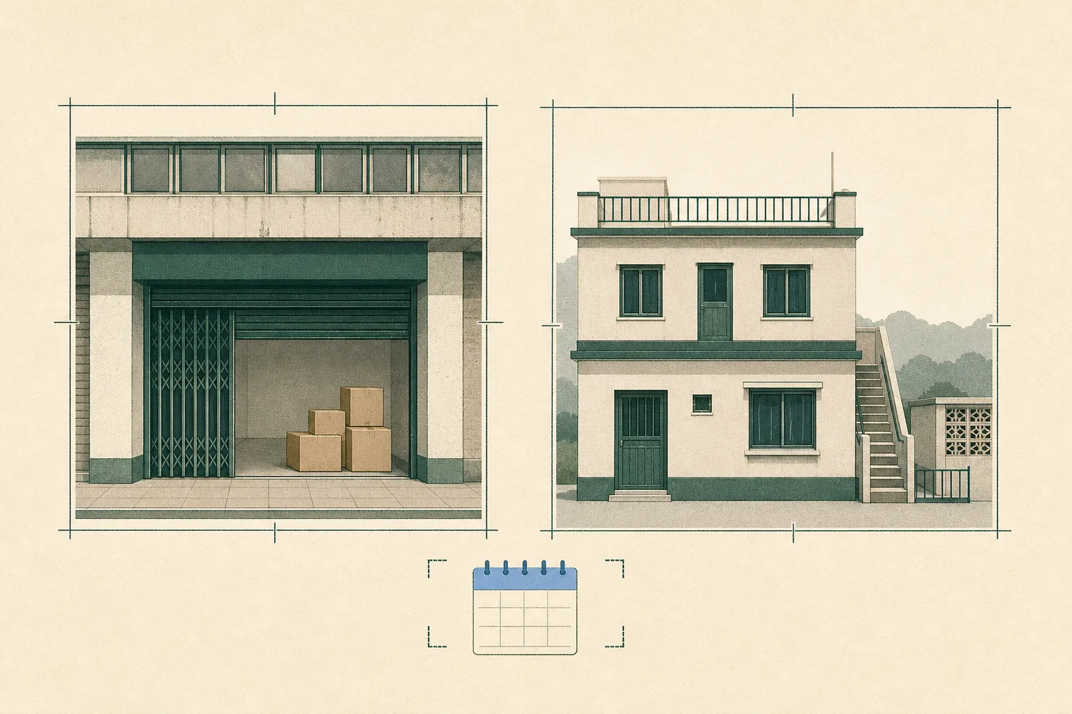 A restrained cut-paper illustration shows two separate Hong Kong locations: a small shopping-centre shopfront with closed cartons and a low-rise village house, each inside its own outlined panel, alongside a simple 24 August calendar tile.