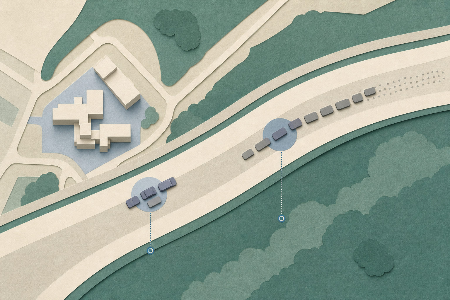 Top-down cut-paper illustration of a divided road with two separate interruption markers, three vehicle shapes near the first marker, seven generic vehicle shapes near the second, and a short congested traffic band.