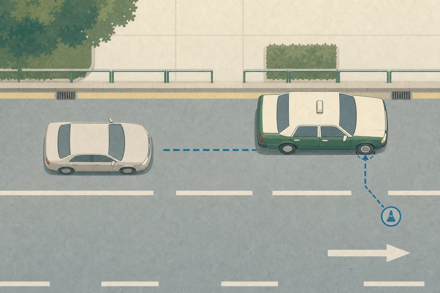 Top-down editorial illustration of a broad road with a simplified taxi stopped near the curb, its rear wheel marked with a flat-tyre symbol, and a second private car positioned behind it across an interrupted lane marking.
