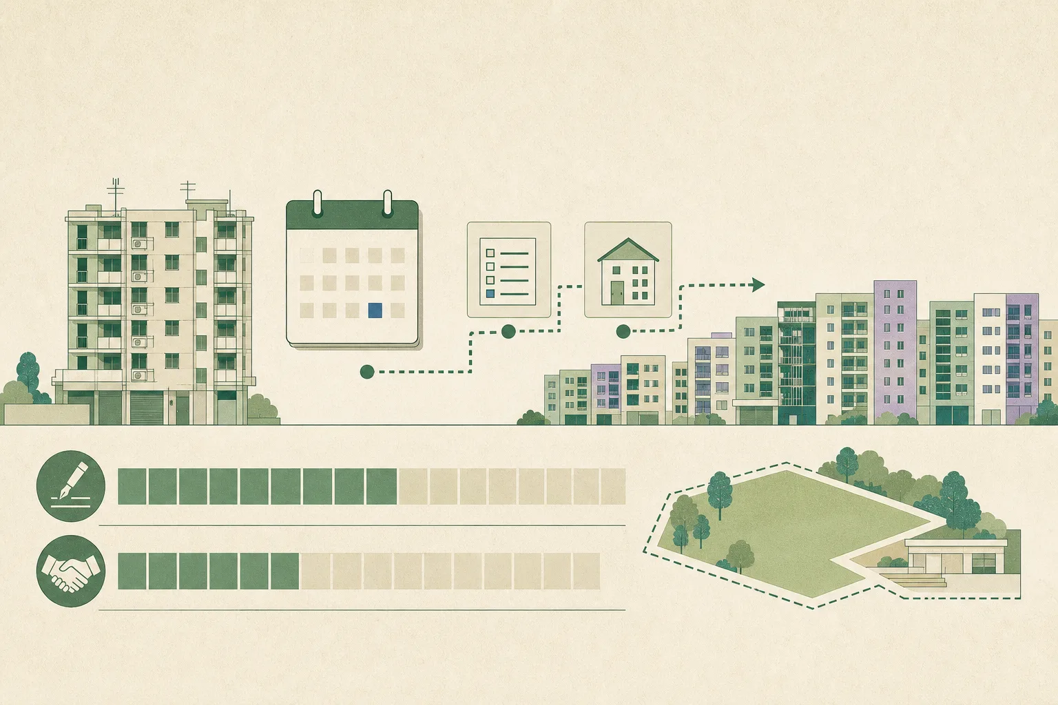 A flat cut-paper illustration of simplified residential blocks, an August 31 calendar marker, a stepped administrative pathway toward late-September home selection, several new housing blocks and a small open community-space shape.
