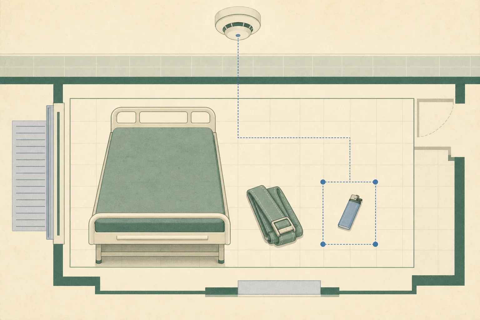 Flat editorial illustration of a hospital observation-room bed with a mattress and folded medical restraint belt, a ceiling smoke detector above, and a small lighter placed separately within a marked evidence-style area.