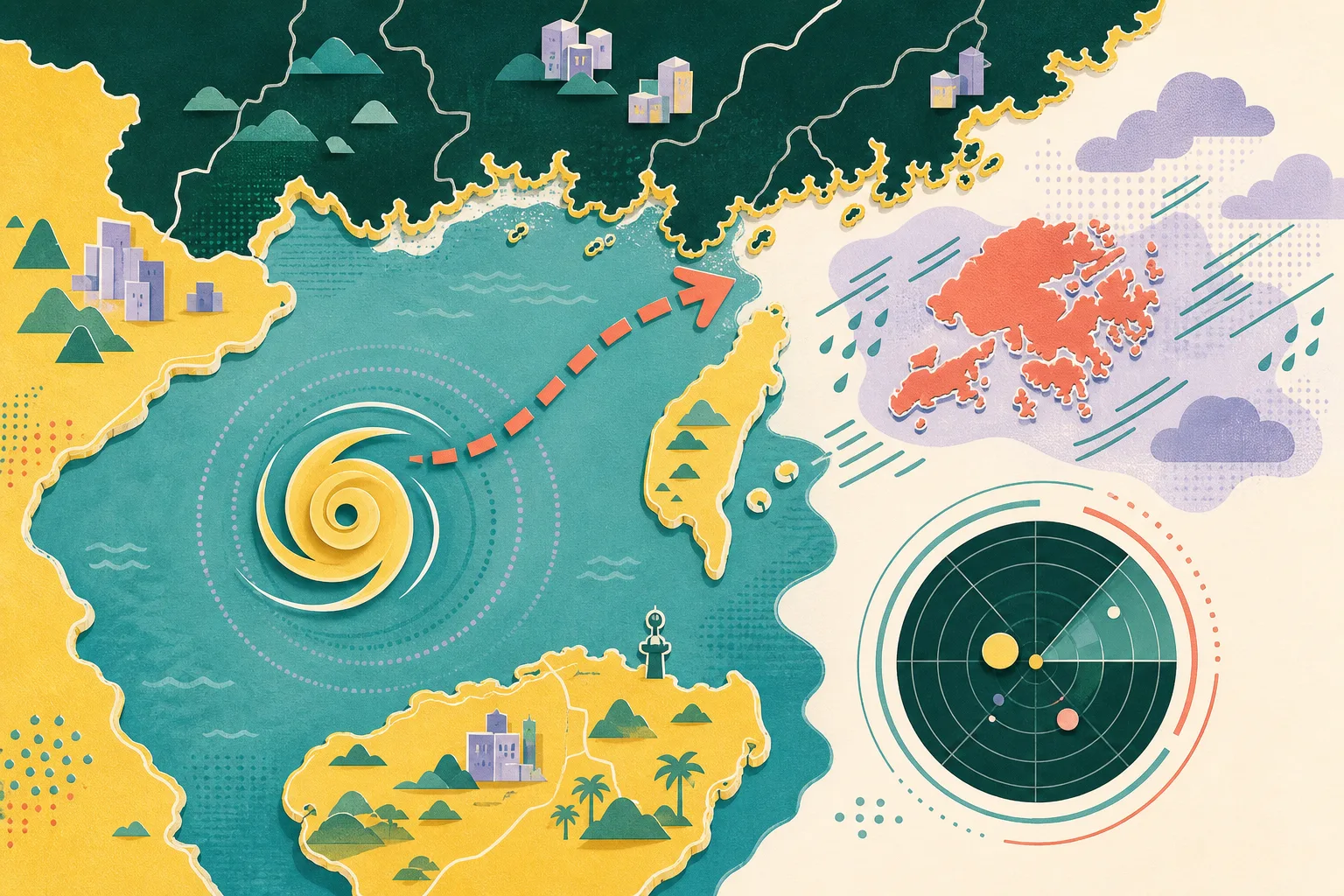 A top-down cut-paper weather diagram shows the Beibu Gulf, Haikou, the Leizhou Peninsula, western Guangdong and Hong Kong. A layered storm symbol over the gulf connects to a broken east-northeast arrow, while small rain bands and wind marks appear near Hong Kong.