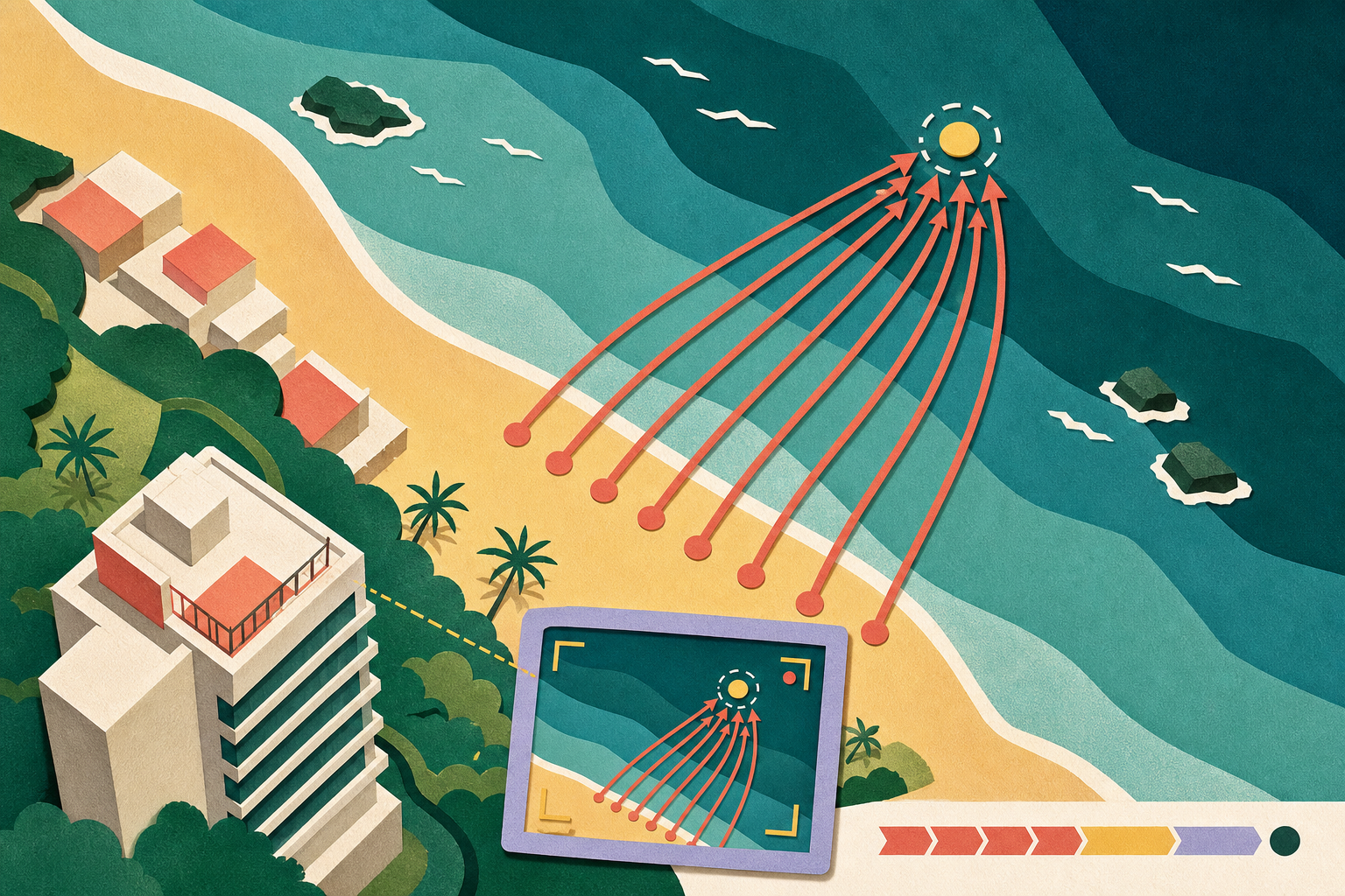 Top-down geometric illustration of a beach shoreline and offshore marker, with six coloured paths converging toward the water and a simplified elevated hotel block with a viewing-frame motif.