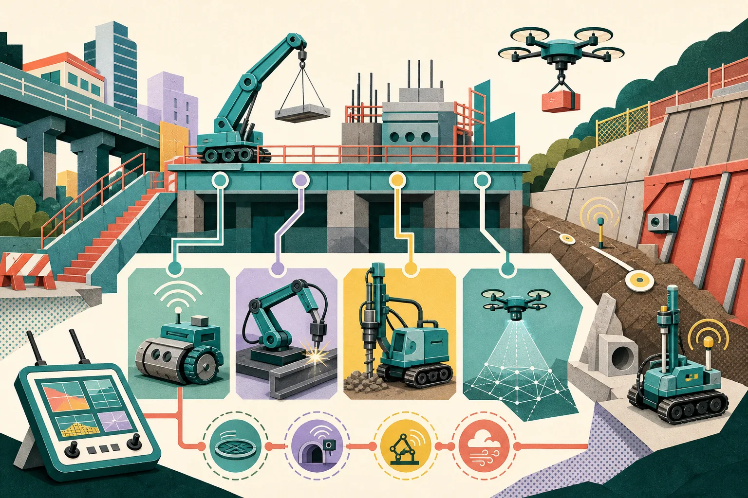 A flat cut-paper illustration of a stylized public-works construction platform connected to four compact robotic tools, including a lifting unit, welding arm, drilling machine and monitoring drone, with abstract slope, inspection and sensor shapes arranged around them.
