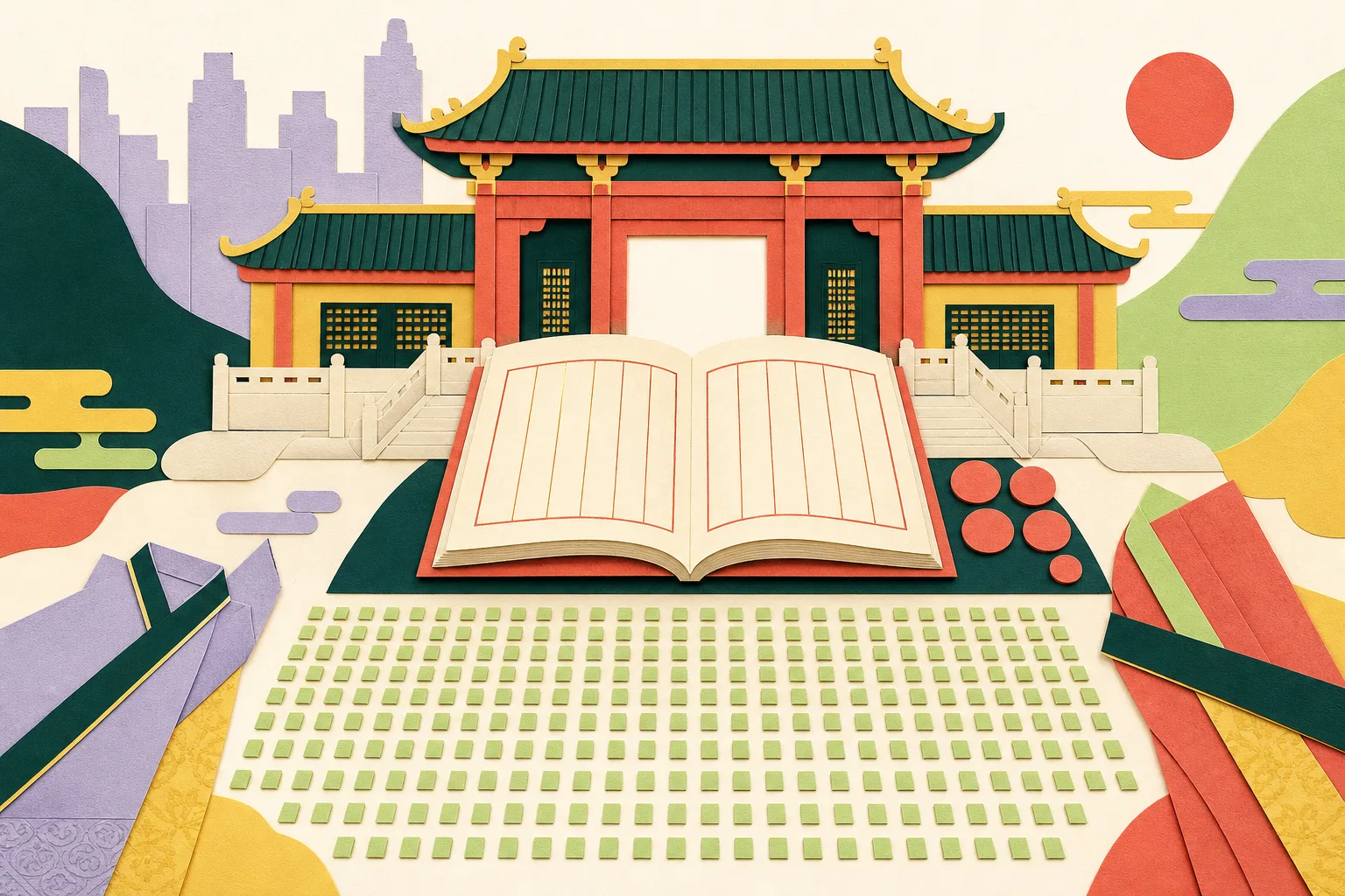 A contemporary cut-paper illustration shows a simplified temple facade behind an open calligraphy book, a neat grid of small marks suggesting a large group of new primary pupils, coral-red circular accents referencing a cinnabar-dotting ritual, and folded textile shapes associated with traditional0