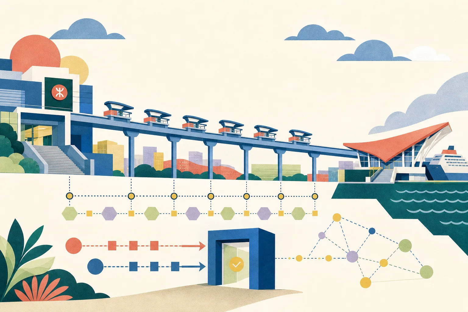 A cut-paper illustration shows a simplified MTR station and cruise-terminal structure linked by a raised transit corridor with six station shapes, timetable marks and two abstract bid markers moving toward an assessment point.